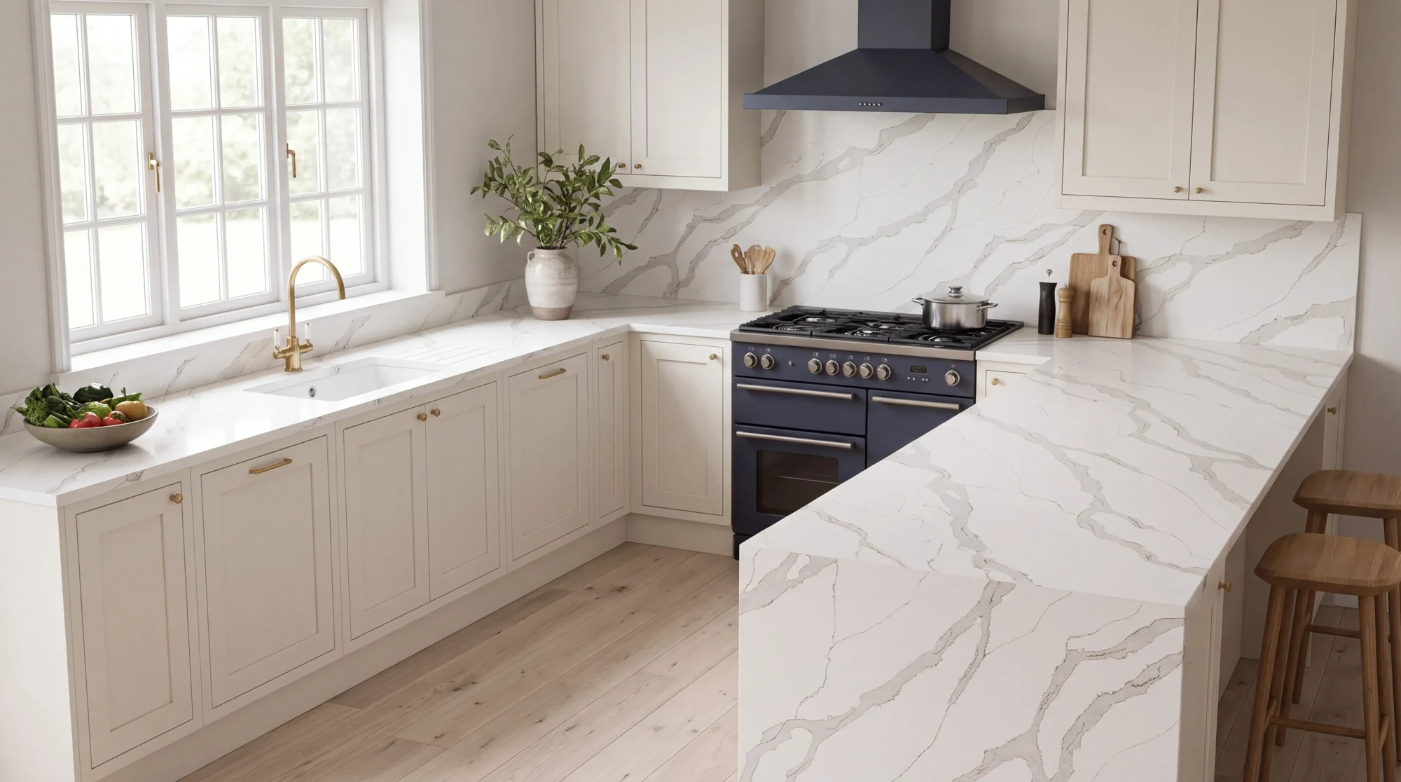 Calacatta Lusso u-shaped kitchen, AI-generated design concept
