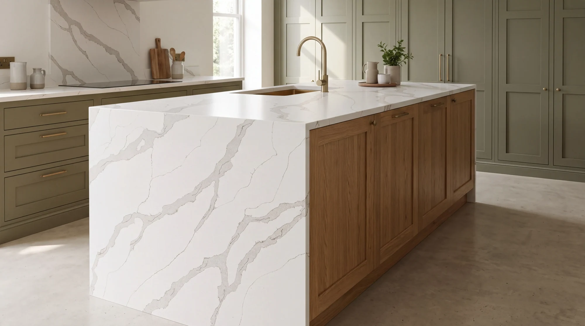 Calacatta Lusso kitchen island, AI-generated design concept