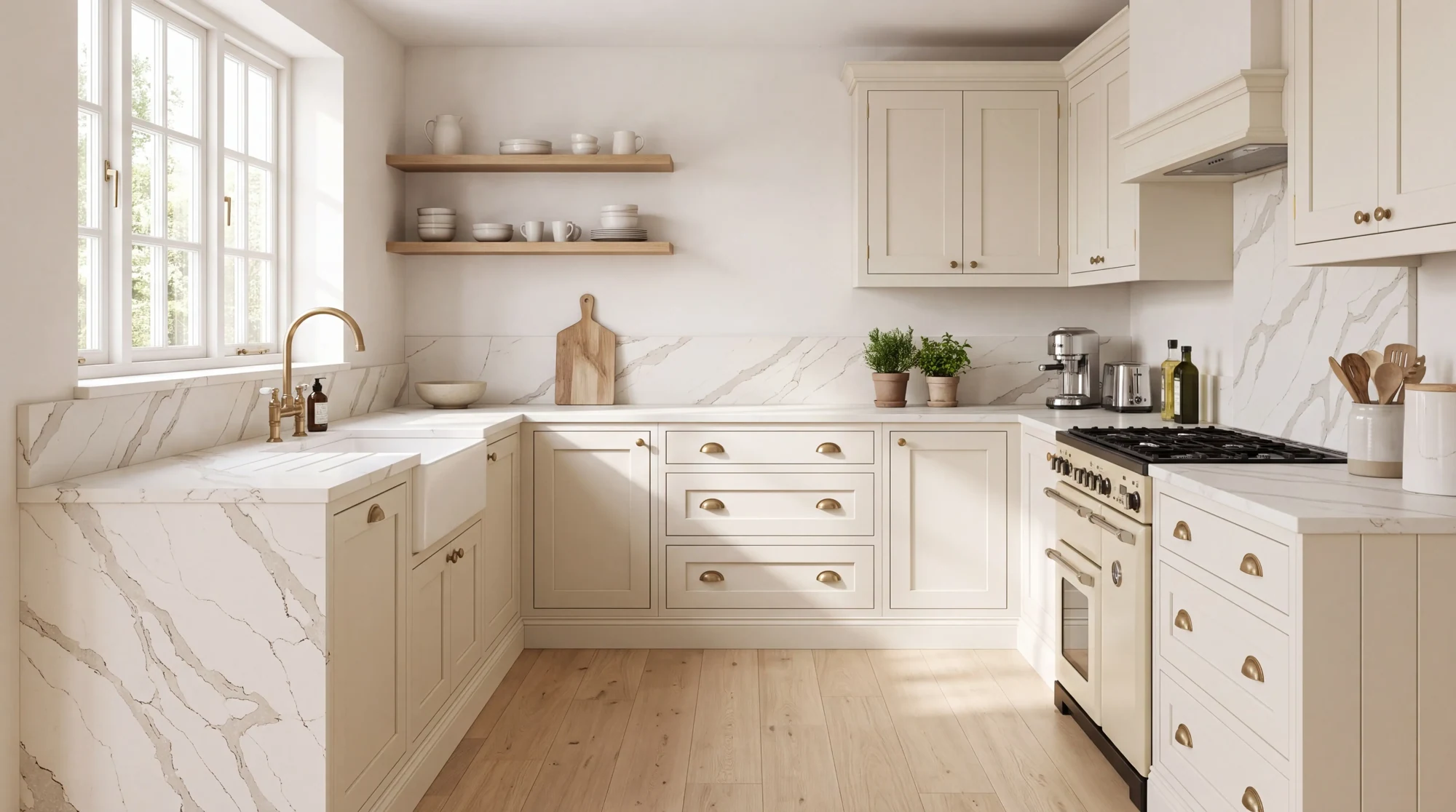 Calacatta Lusso l-shaped kitchen, AI-generated design concept