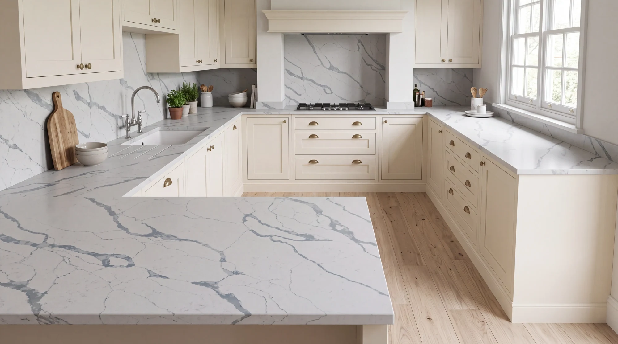 Calacatta Grigio u-shaped kitchen, AI-generated design concept