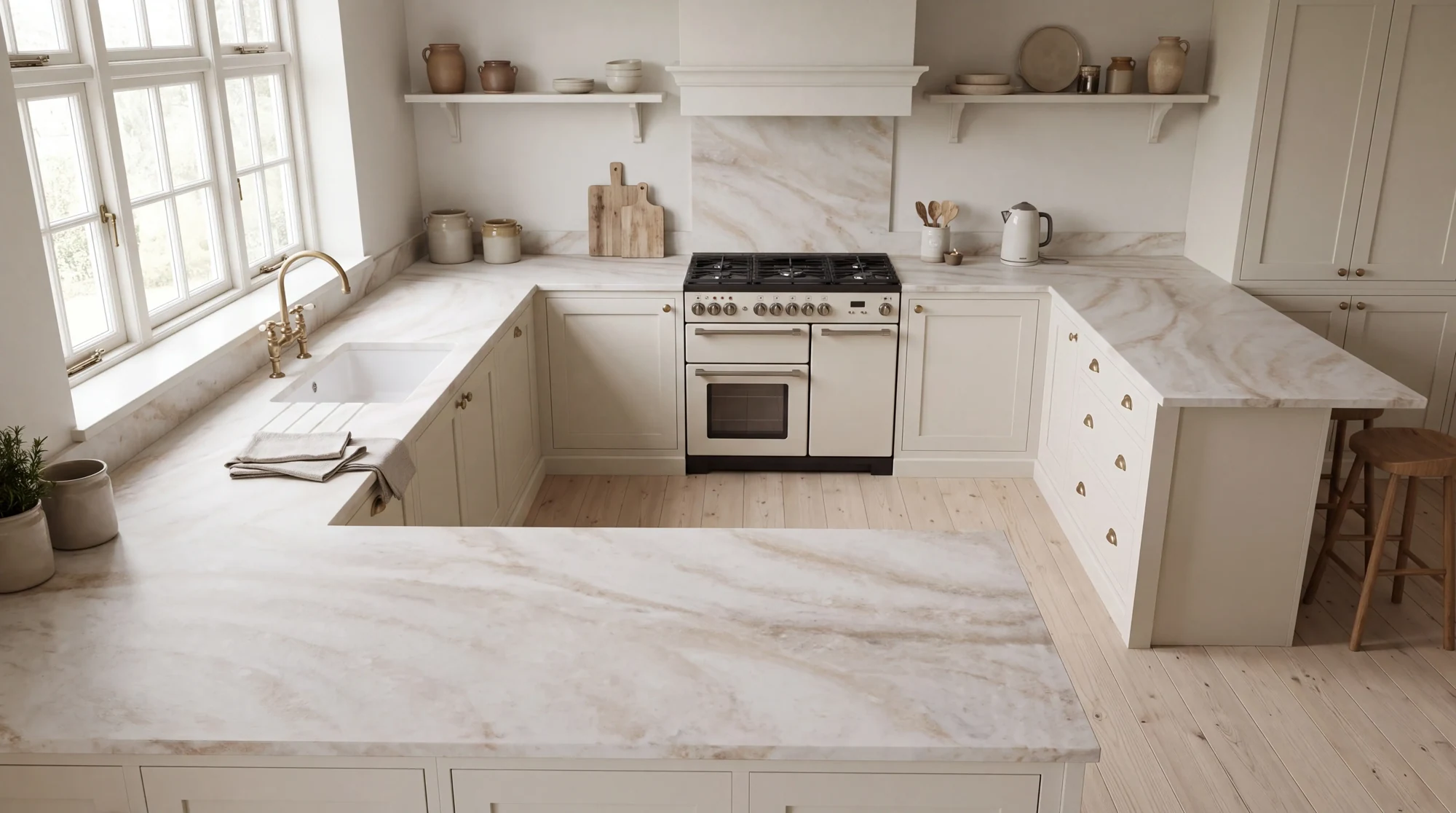 Taj Mahal Leather u-shaped kitchen, AI-generated design concept