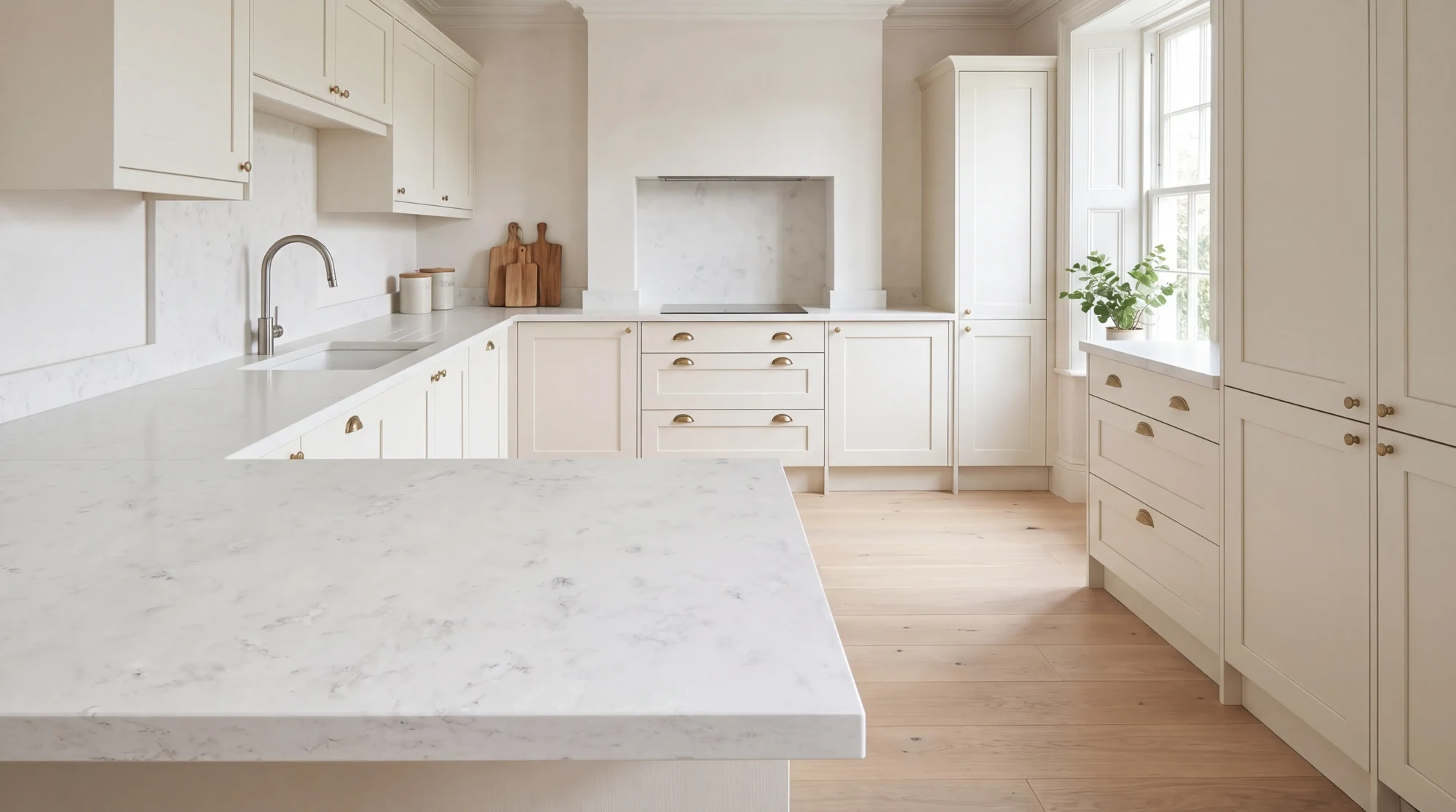 Ocean White u-shaped kitchen, AI-generated design concept