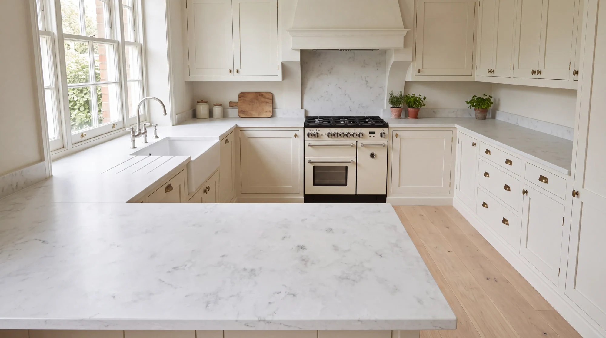 Ocean White Leather u-shaped kitchen, AI-generated design concept