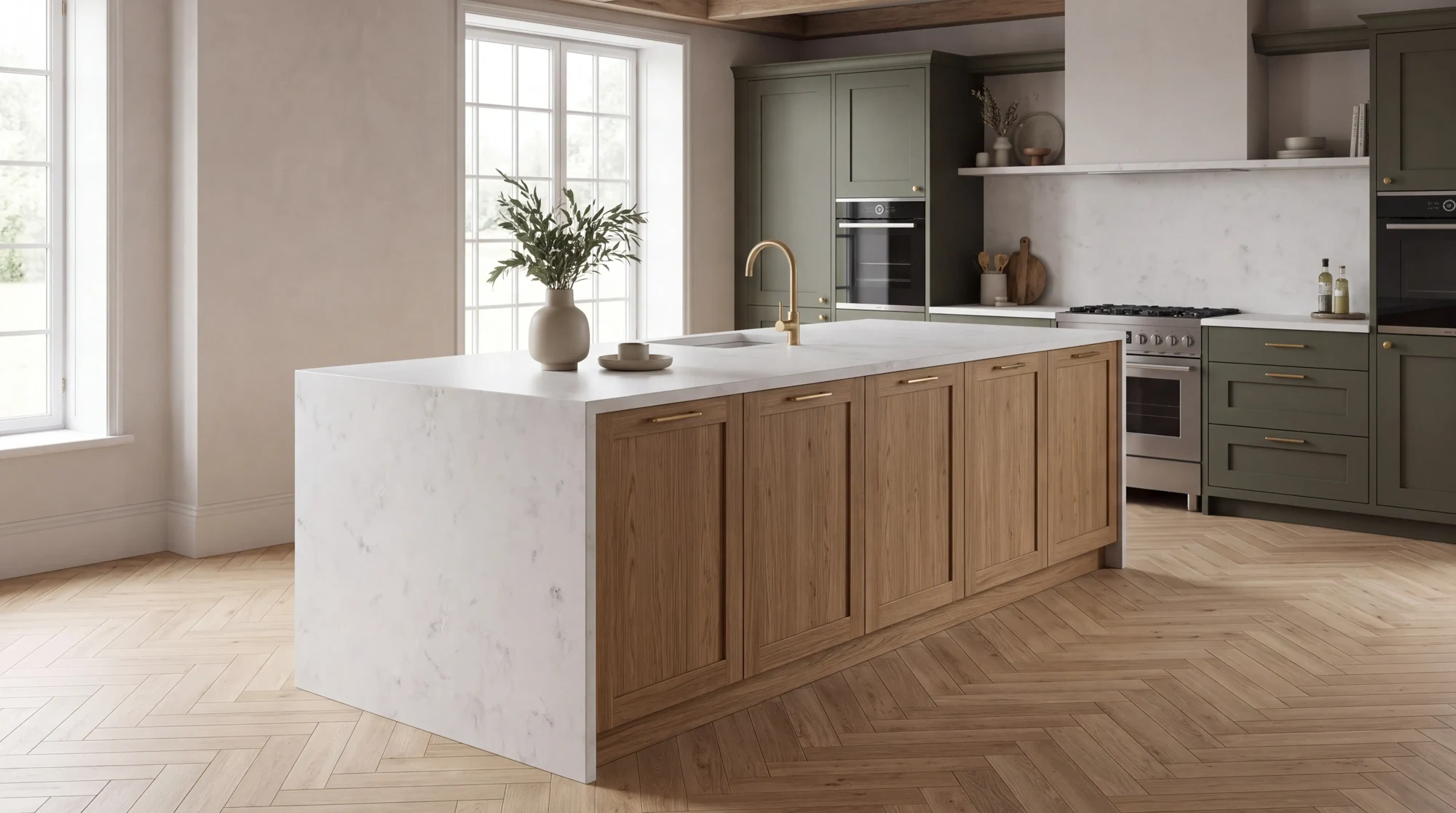 Ocean White Leather kitchen island, AI-generated design concept