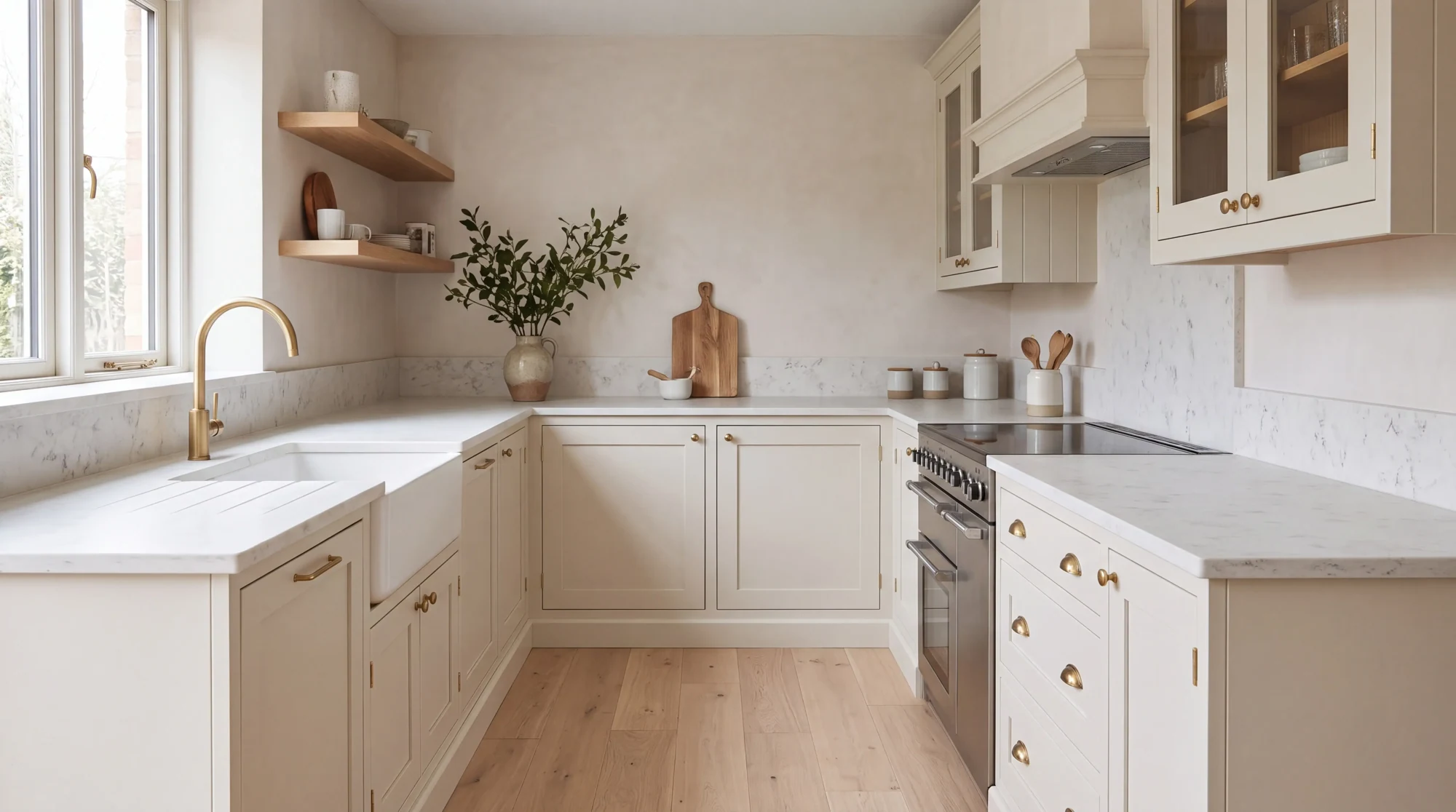 Ocean White Leather l-shaped kitchen, AI-generated design concept