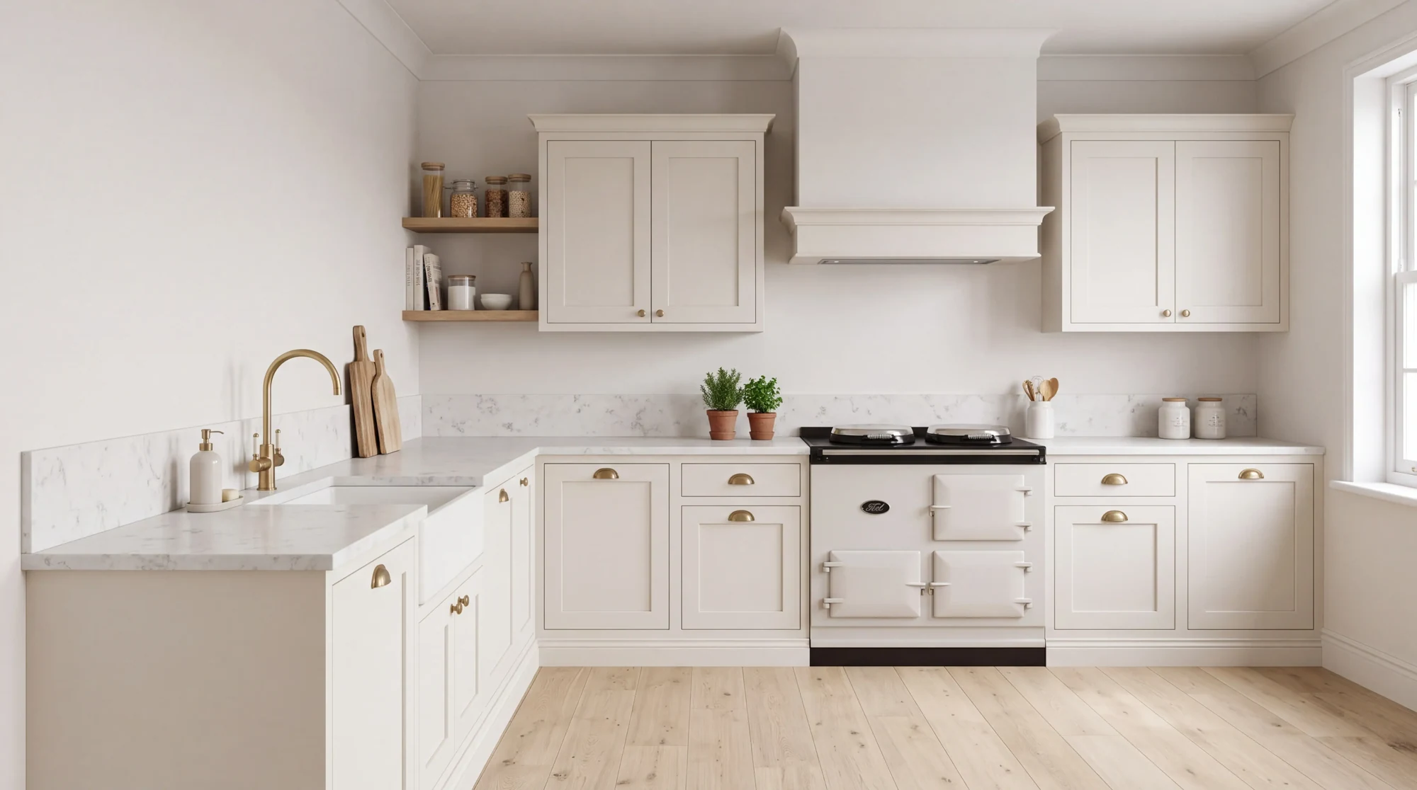 Ocean White l-shaped kitchen, AI-generated design concept