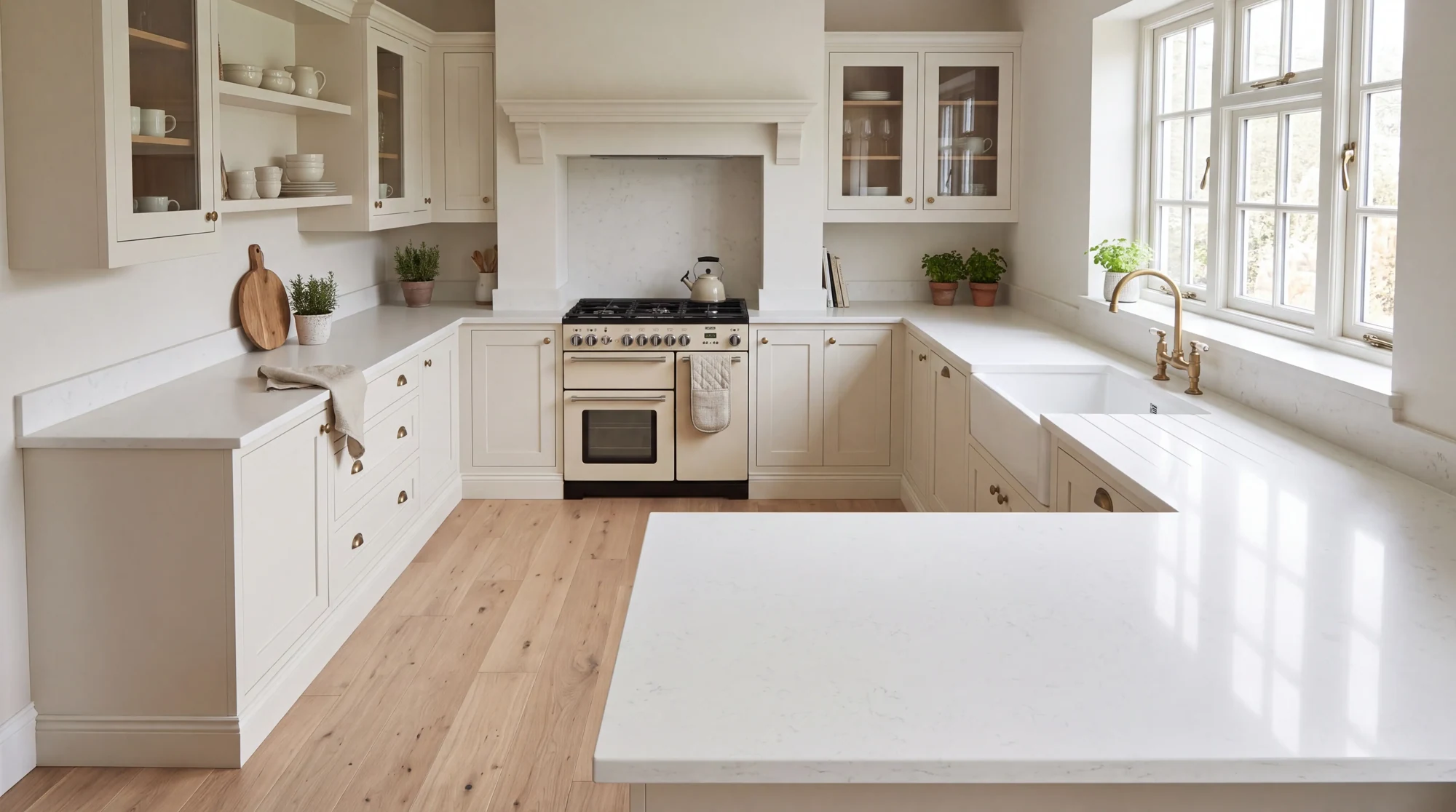 Carrara Onyx u-shaped kitchen, AI-generated design concept