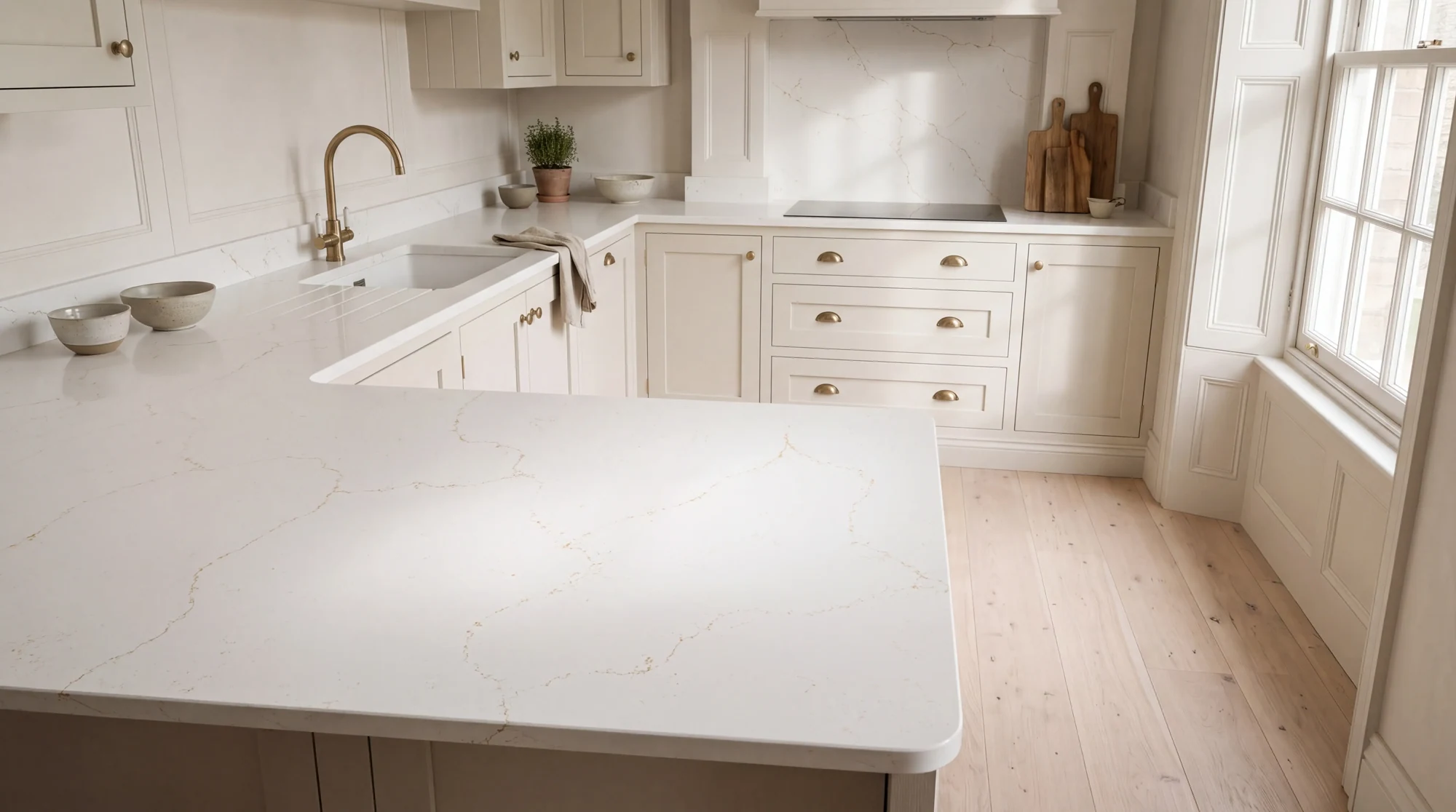Misterio Onyx Gold u-shaped kitchen, AI-generated design concept