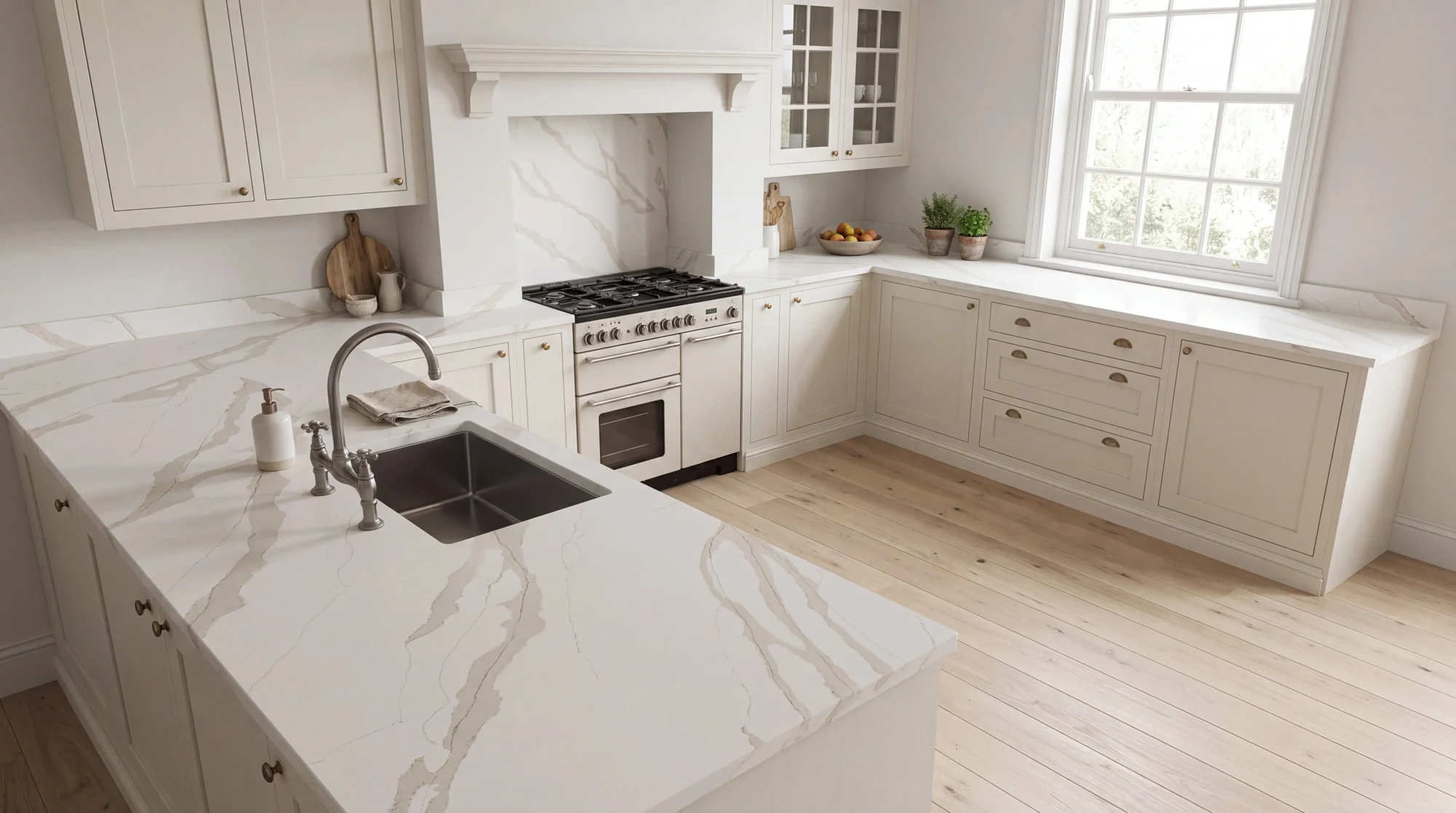 Calacatta Gold Extra u-shaped kitchen, AI-generated design concept