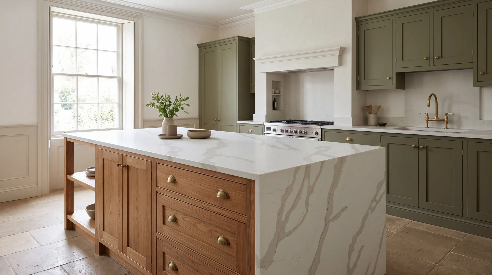 Calacatta Gold Extra kitchen island, AI-generated design concept