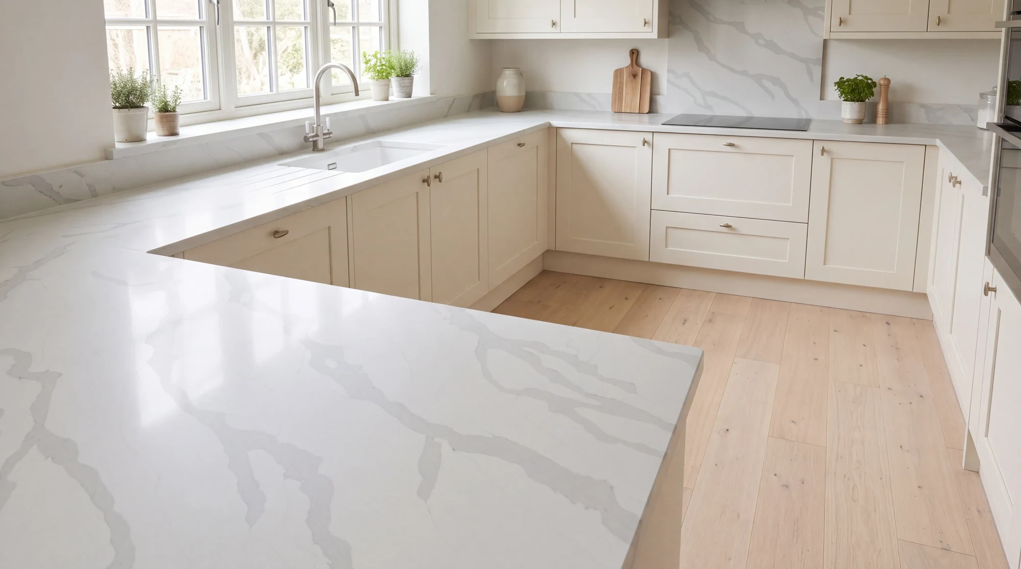 Statuario Grigio u-shaped kitchen, AI-generated design concept