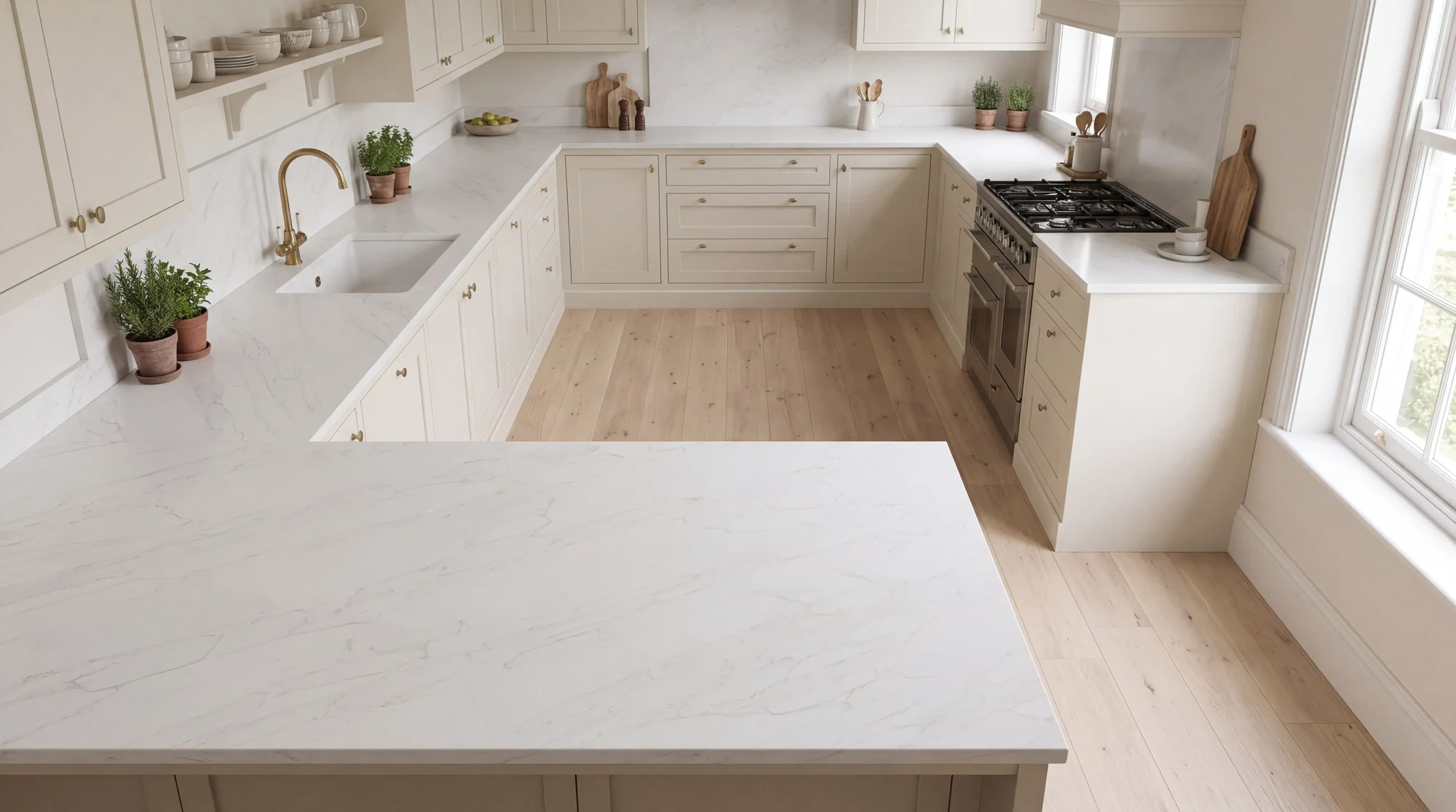 Calacatta Imperial Gold u-shaped kitchen, AI-generated design concept
