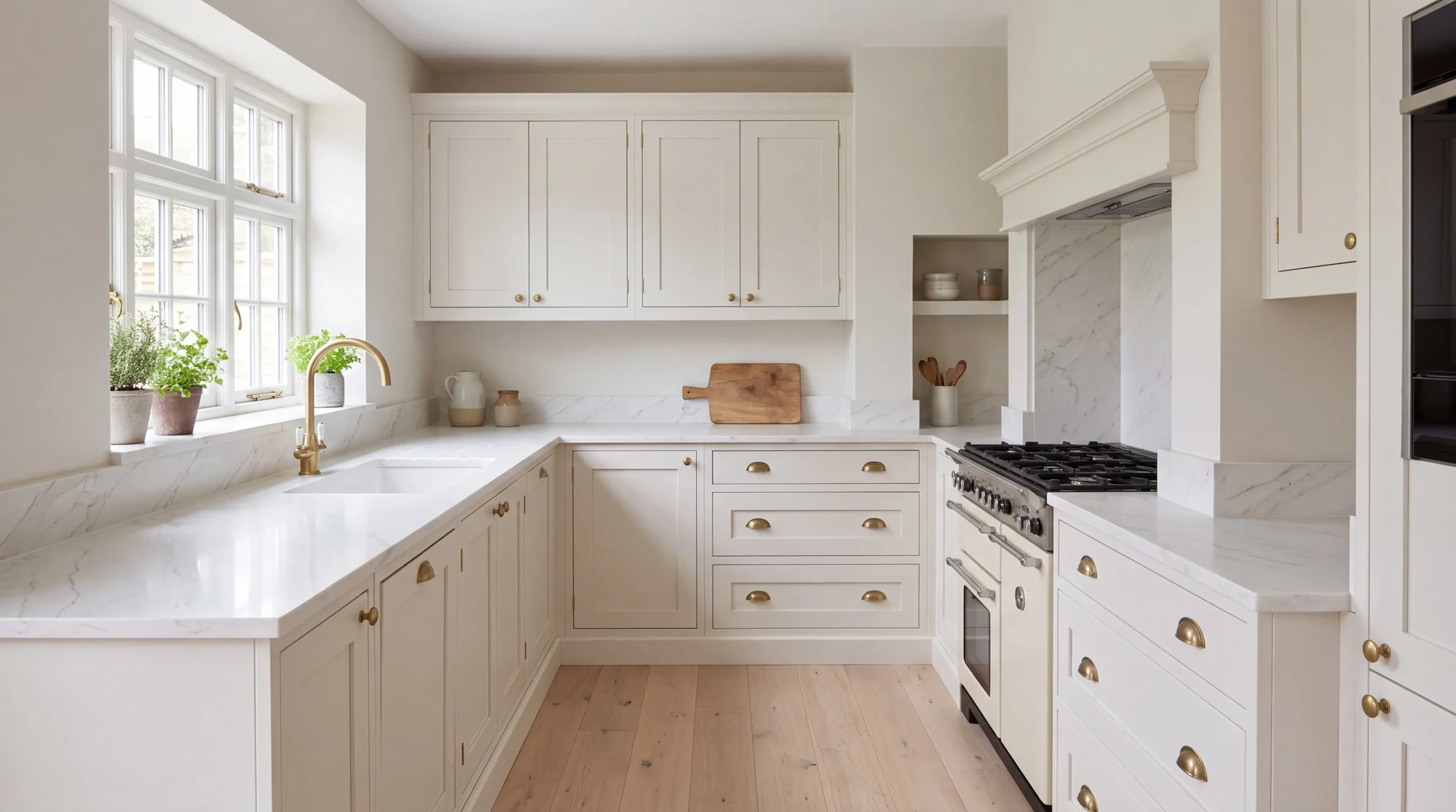 Calacatta Imperial Gold l-shaped kitchen, AI-generated design concept