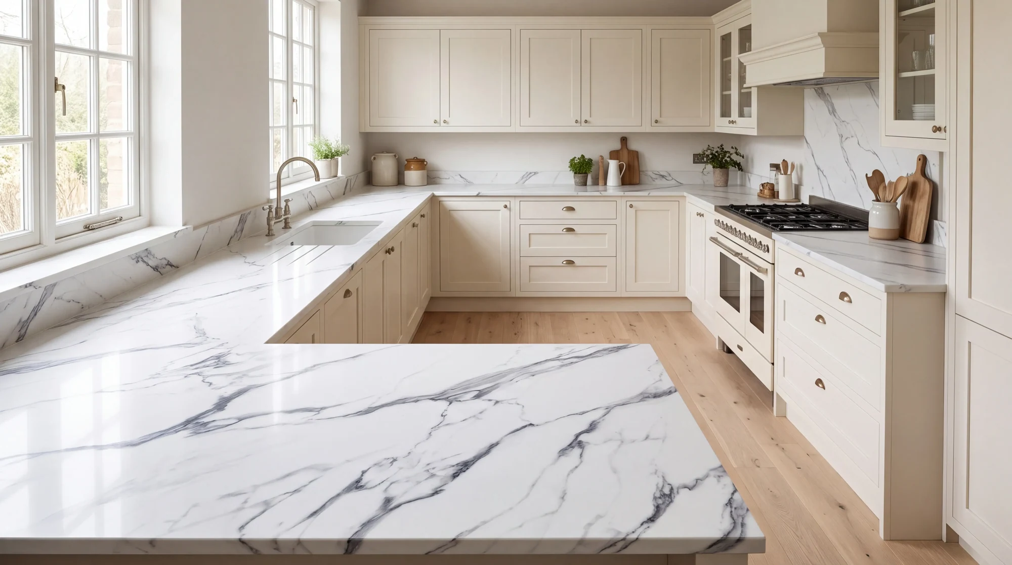 Calacatta Opera u-shaped kitchen, AI-generated design concept
