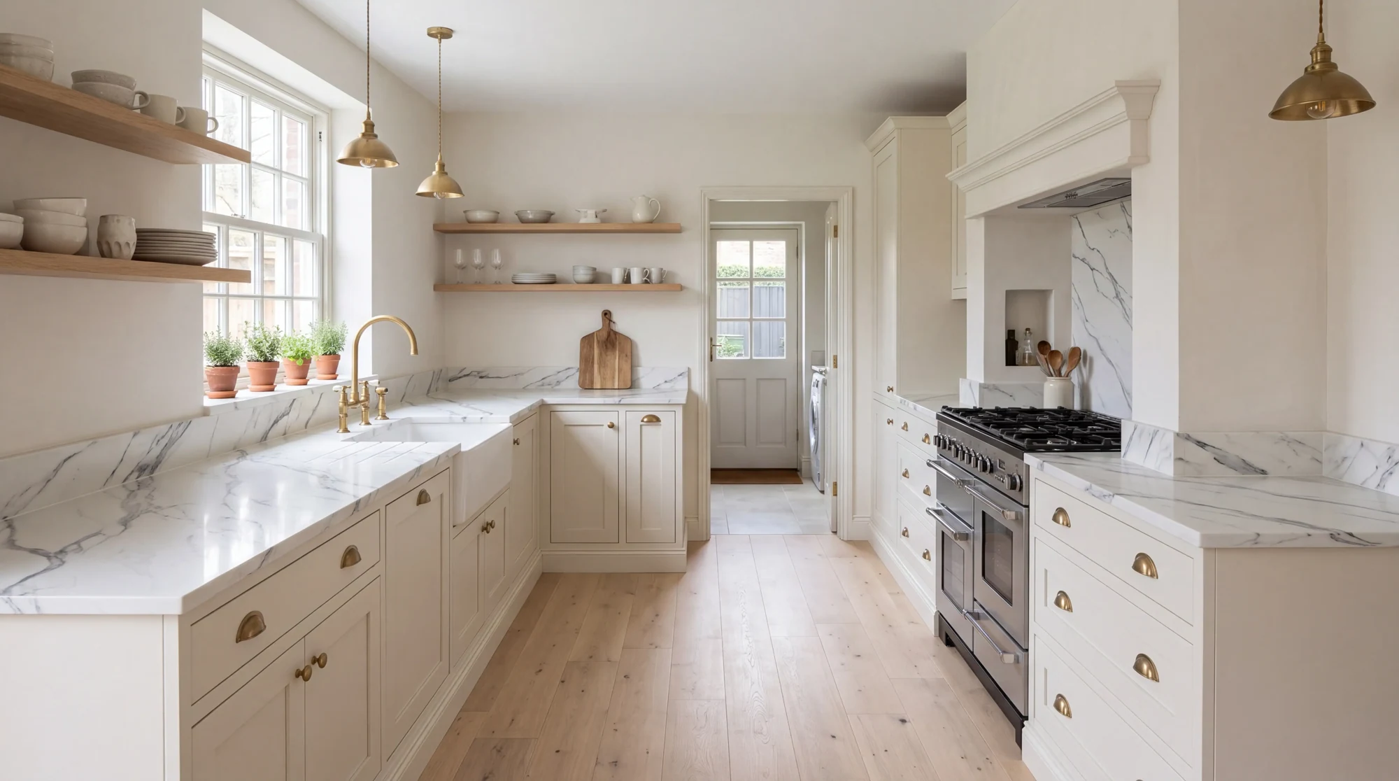 Calacatta Opera l-shaped kitchen, AI-generated design concept