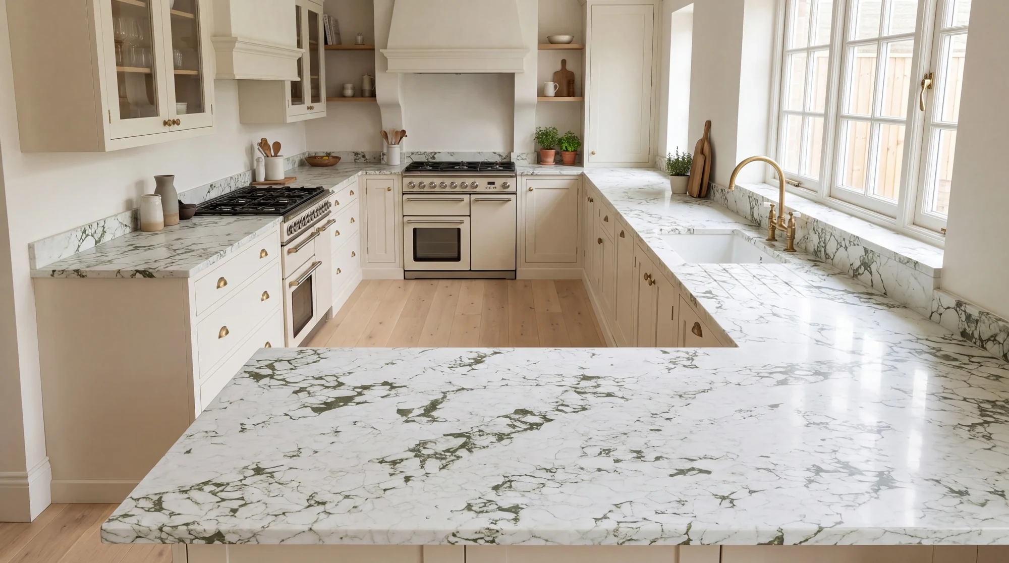 Arabescato Green u-shaped kitchen, AI-generated design concept