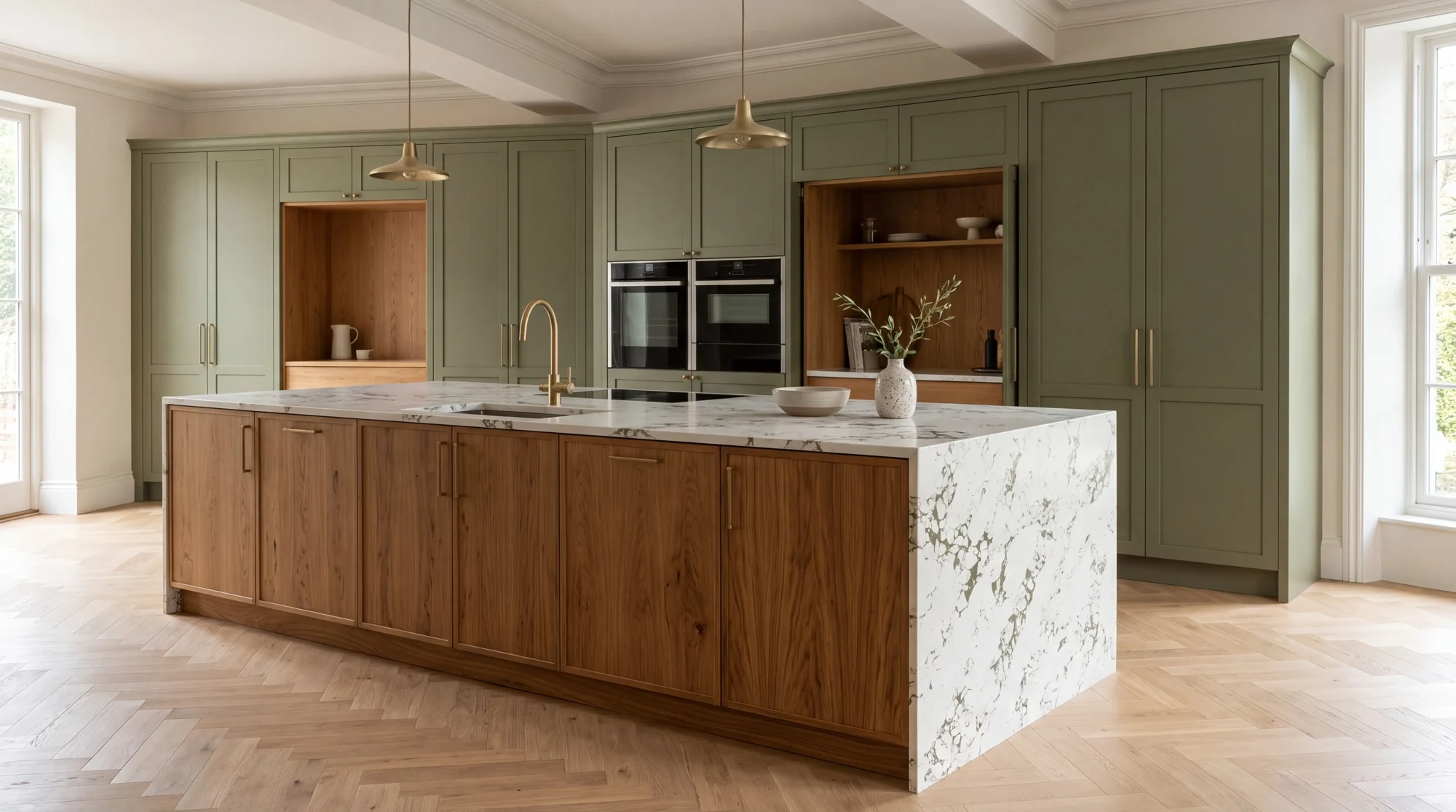 Arabescato Green kitchen island, AI-generated design concept