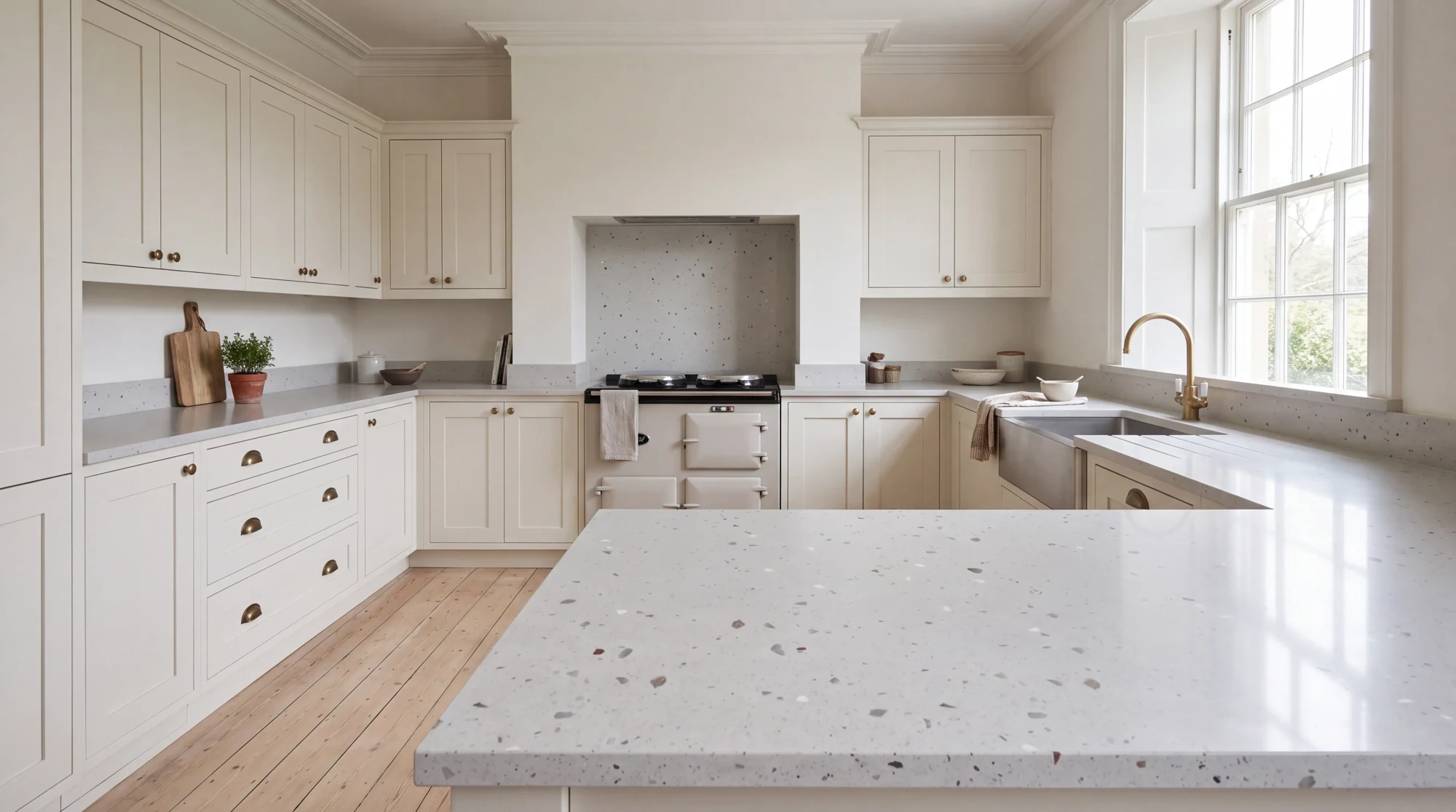 Frozen Terrazo u-shaped kitchen, AI-generated design concept