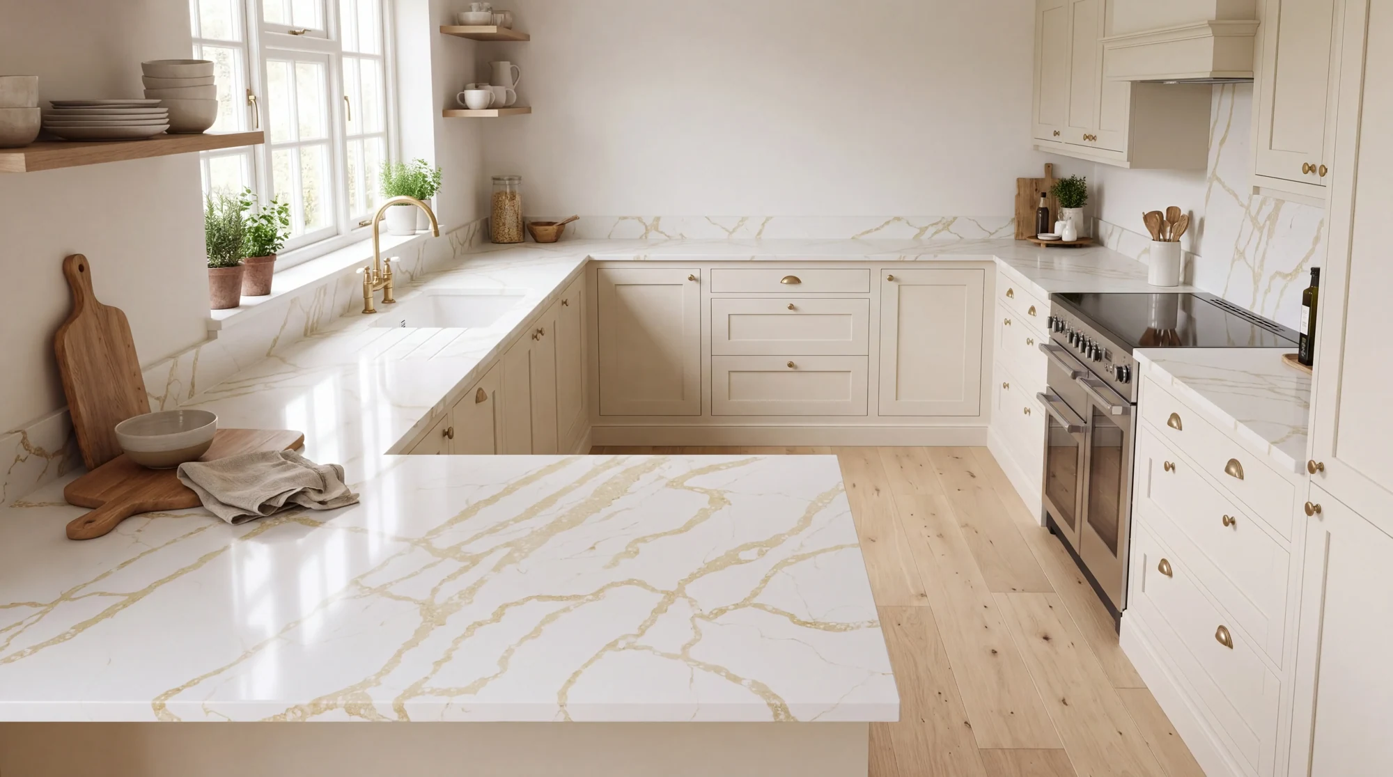 Calacatta Oro u-shaped kitchen, AI-generated design concept