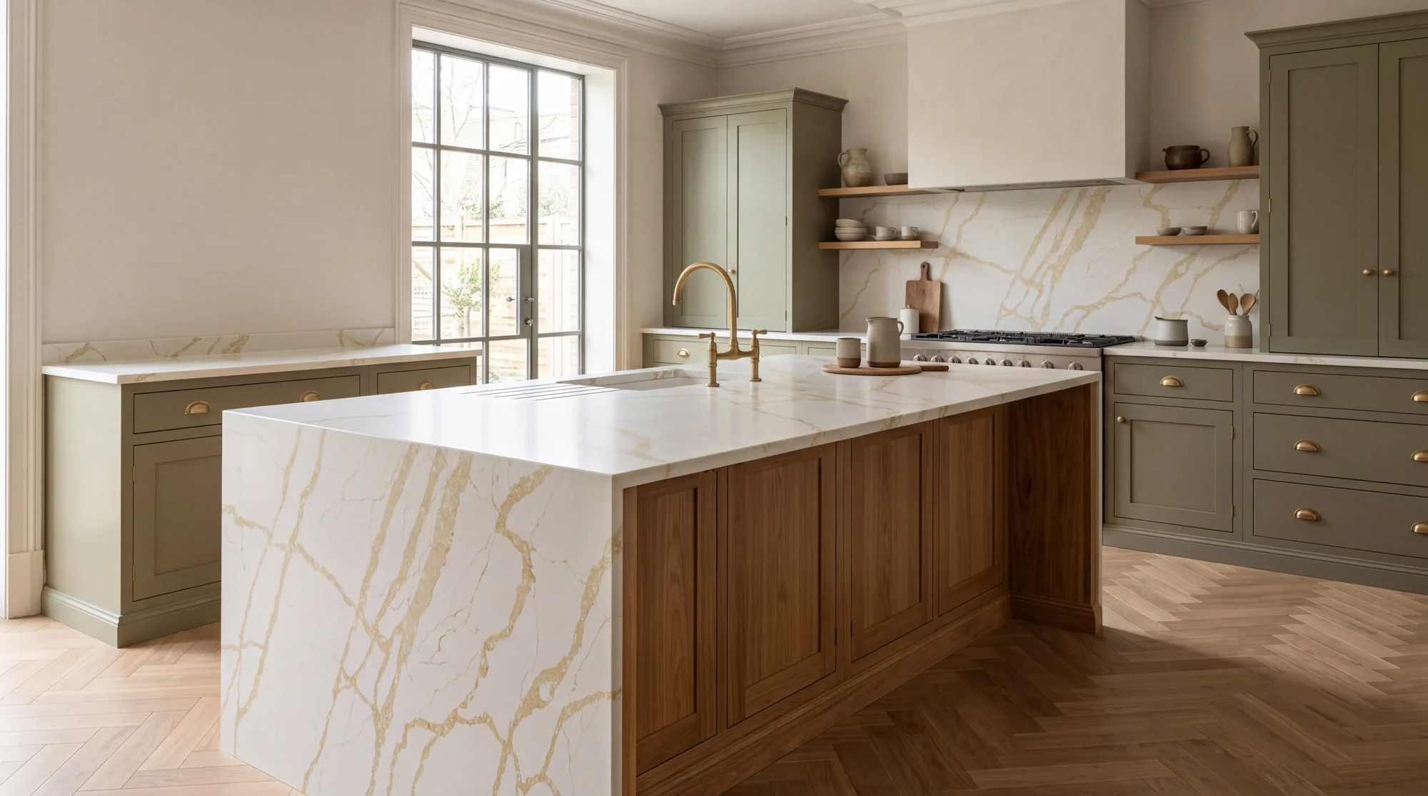 Calacatta Oro kitchen island, AI-generated design concept