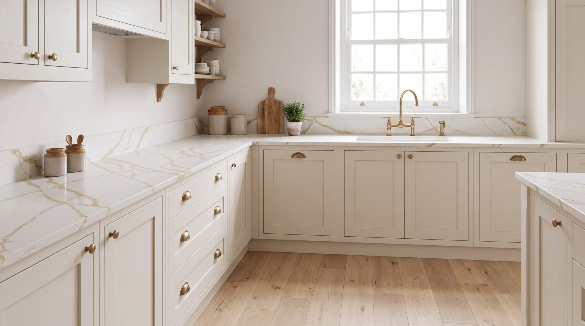 Calacatta Oro l-shaped kitchen, AI-generated design concept