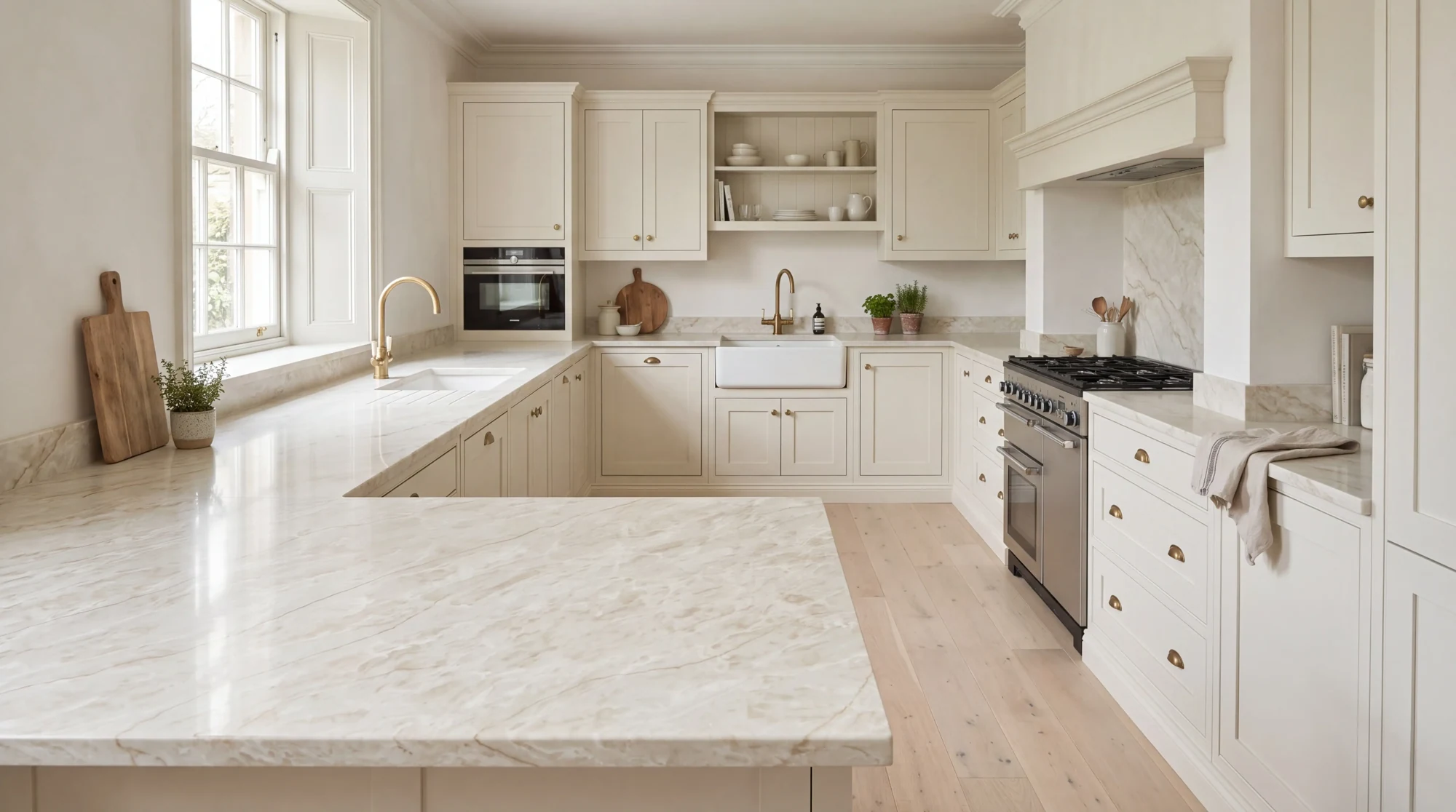 Taj Mahal Light u-shaped kitchen, AI-generated design concept