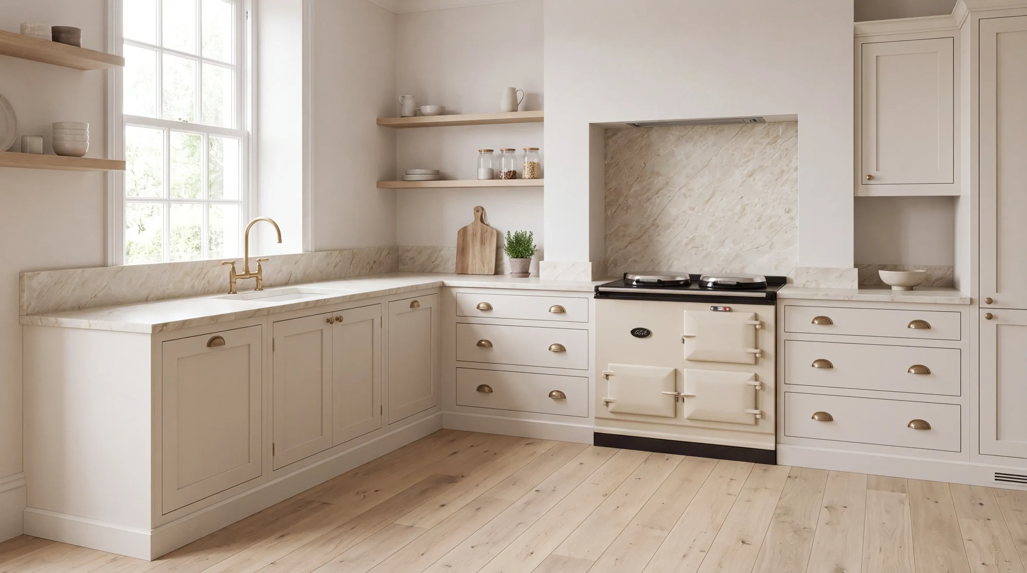 Taj Mahal Light l-shaped kitchen, AI-generated design concept