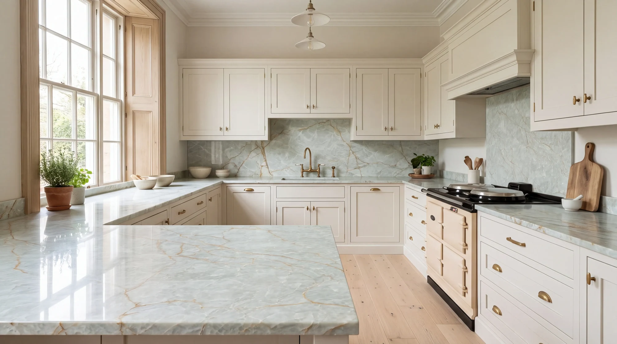 Ice Green Onyx u-shaped kitchen, AI-generated design concept