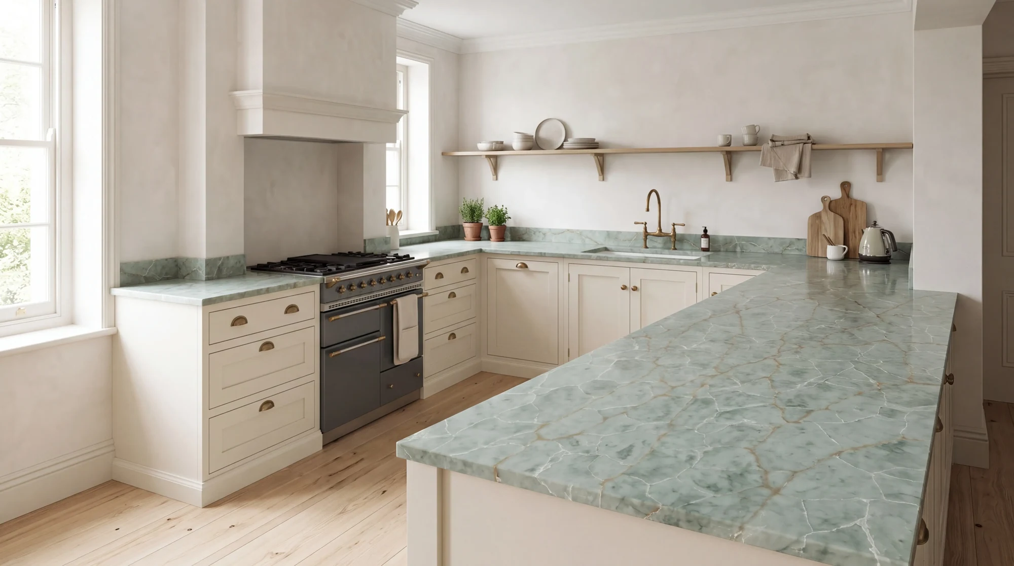 Green Gold Onyx u-shaped kitchen, AI-generated design concept
