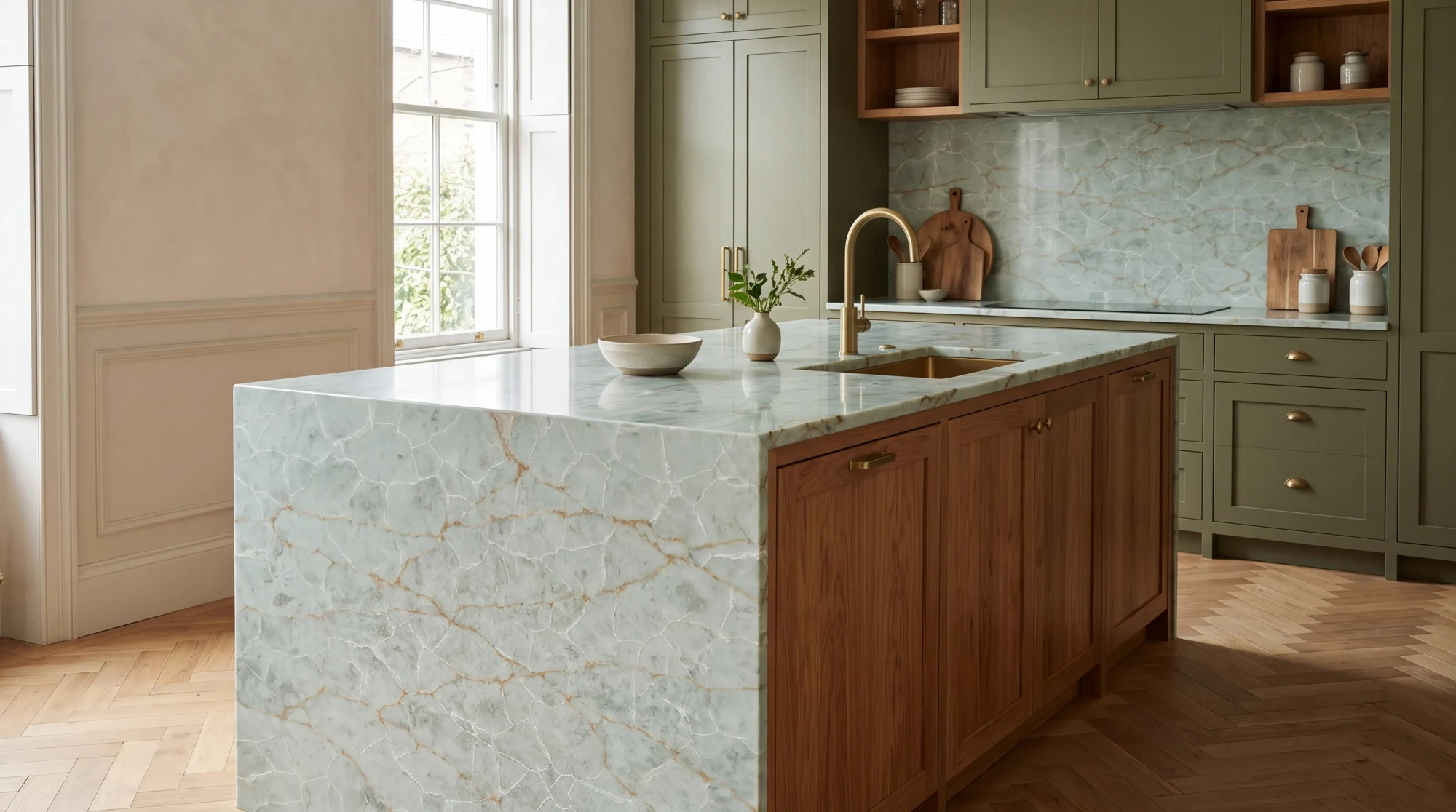 Green Gold Onyx kitchen island, AI-generated design concept