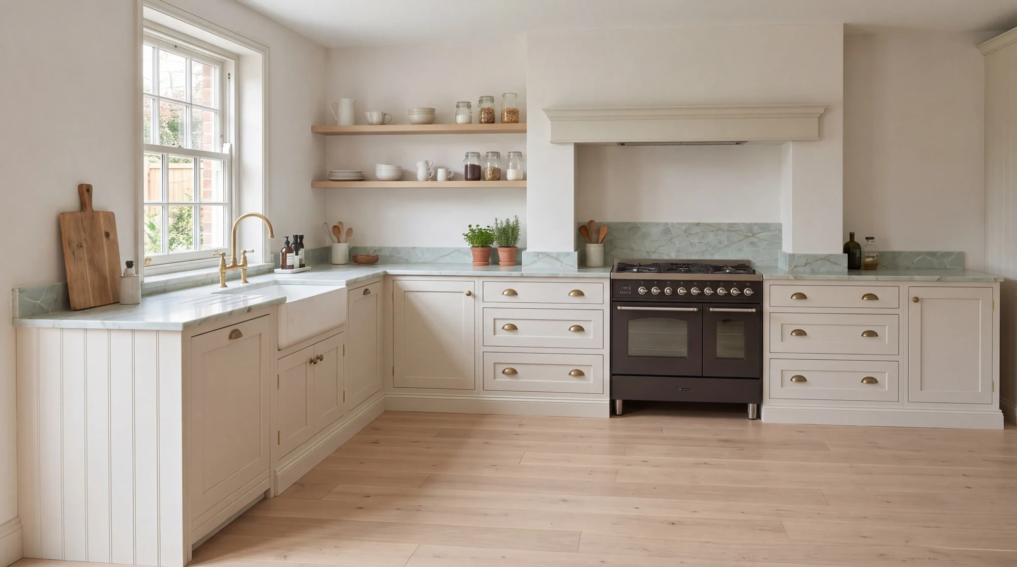 Green Gold Onyx l-shaped kitchen, AI-generated design concept