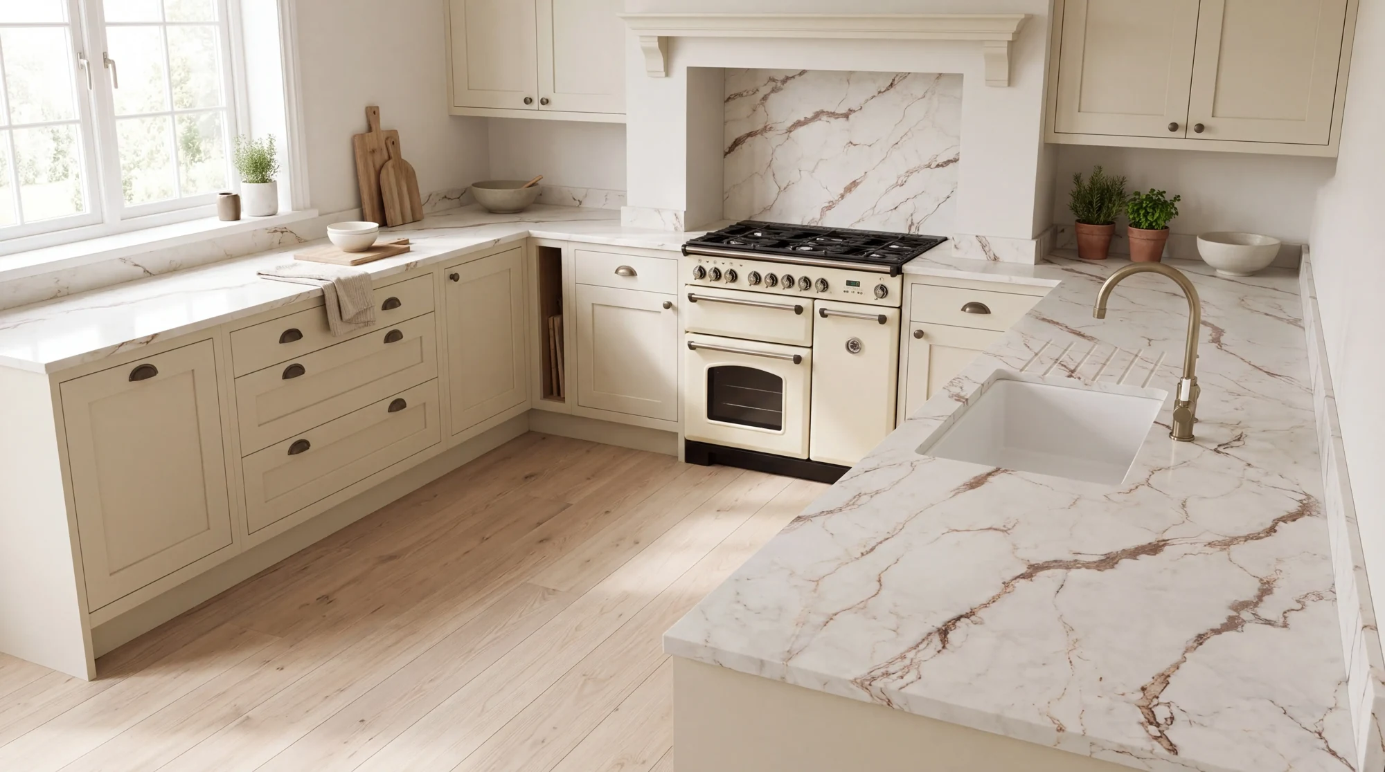 Calacatta Bronzo u-shaped kitchen, AI-generated design concept