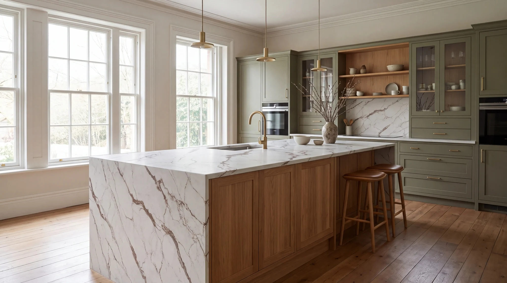 Calacatta Bronzo kitchen island, AI-generated design concept
