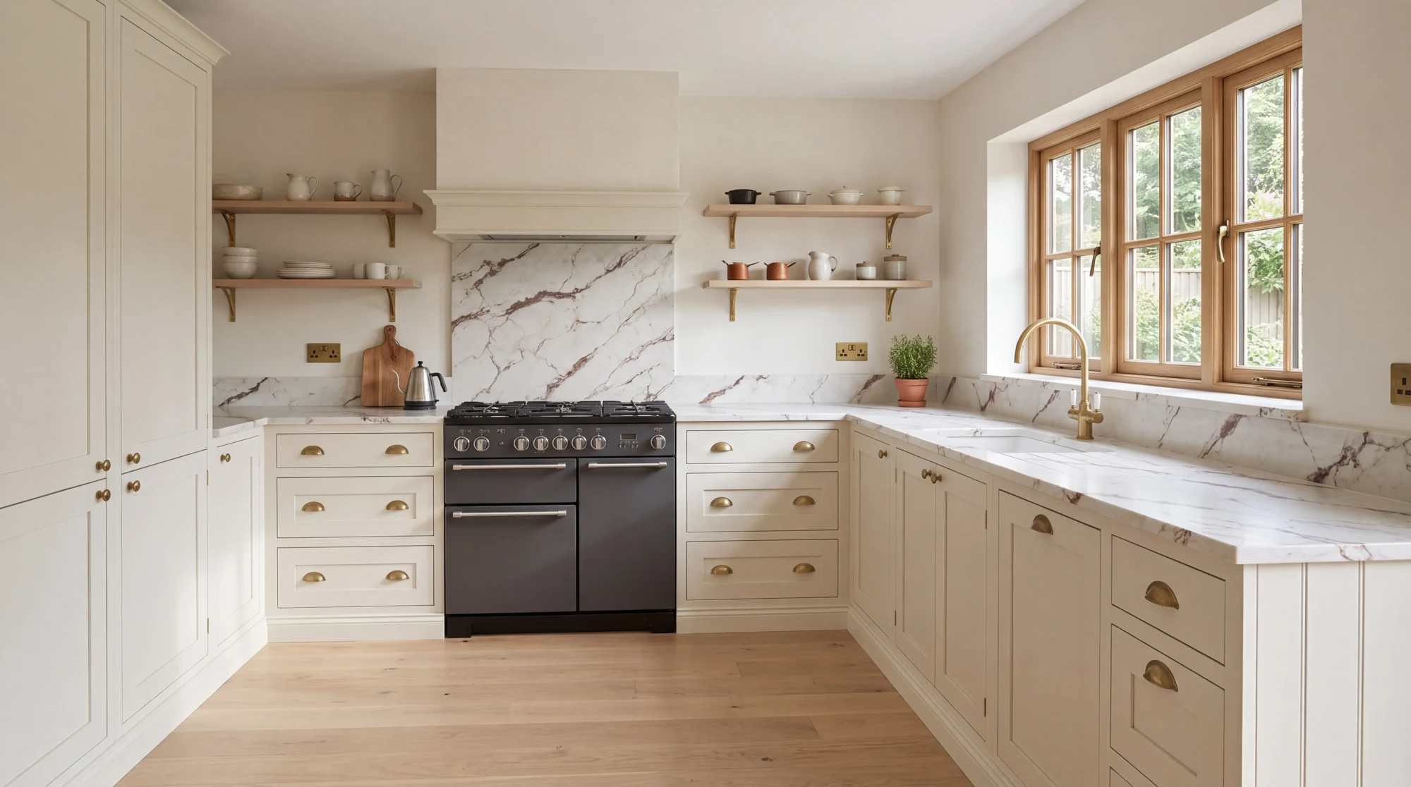 Calacatta Bronzo l-shaped kitchen, AI-generated design concept