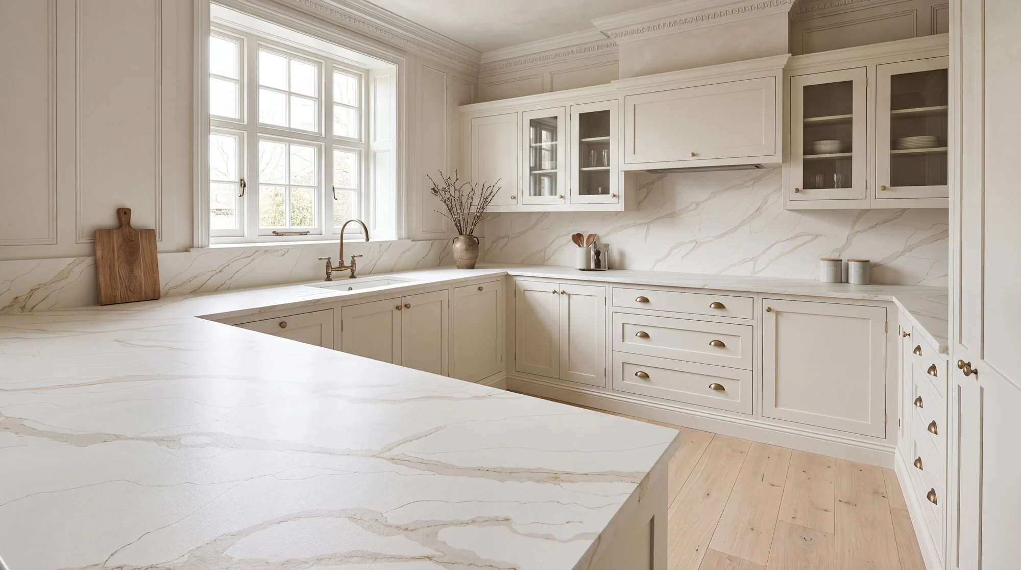 Modern Calacatta Gold Leather u-shaped kitchen, AI-generated design concept
