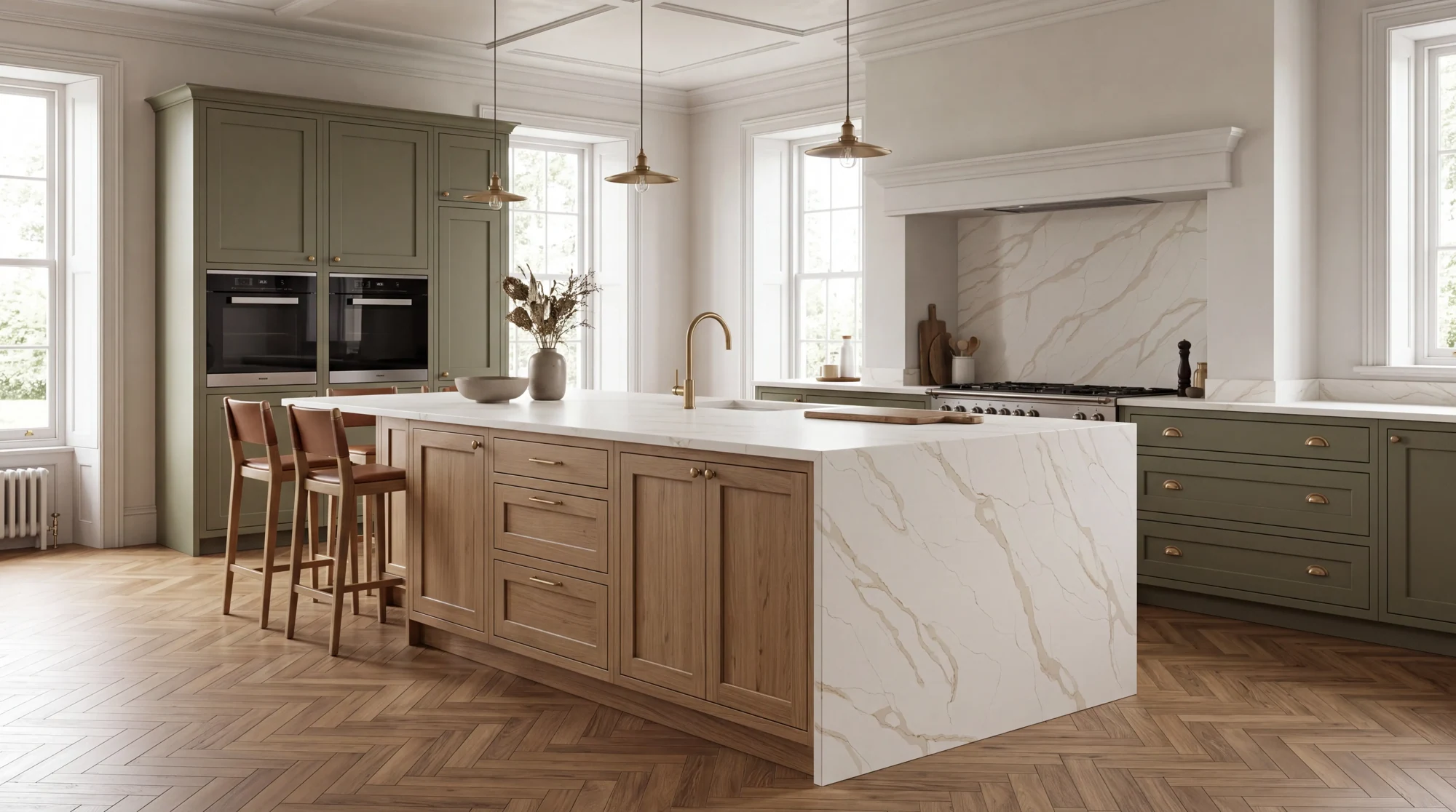 Modern Calacatta Gold Leather kitchen island, AI-generated design concept