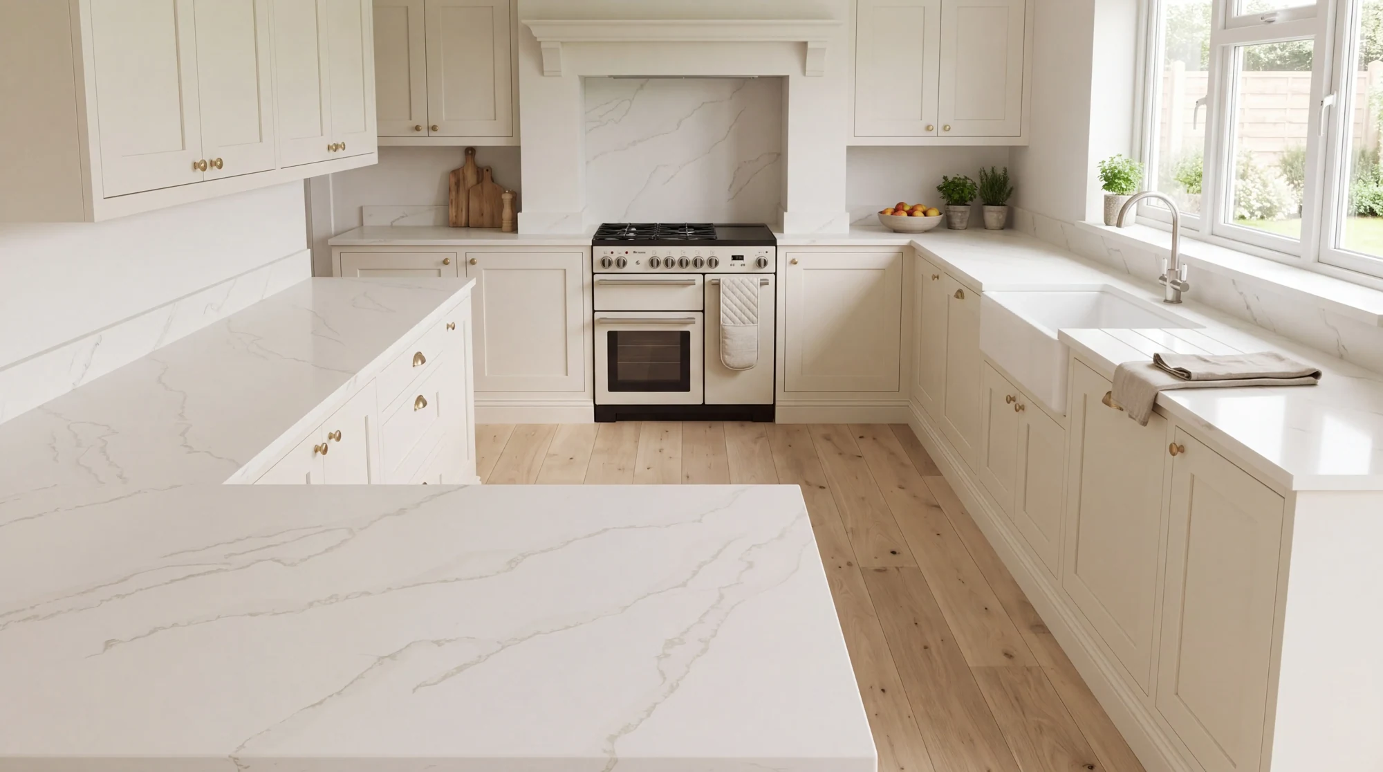 Calacatta Storm u-shaped kitchen, AI-generated design concept