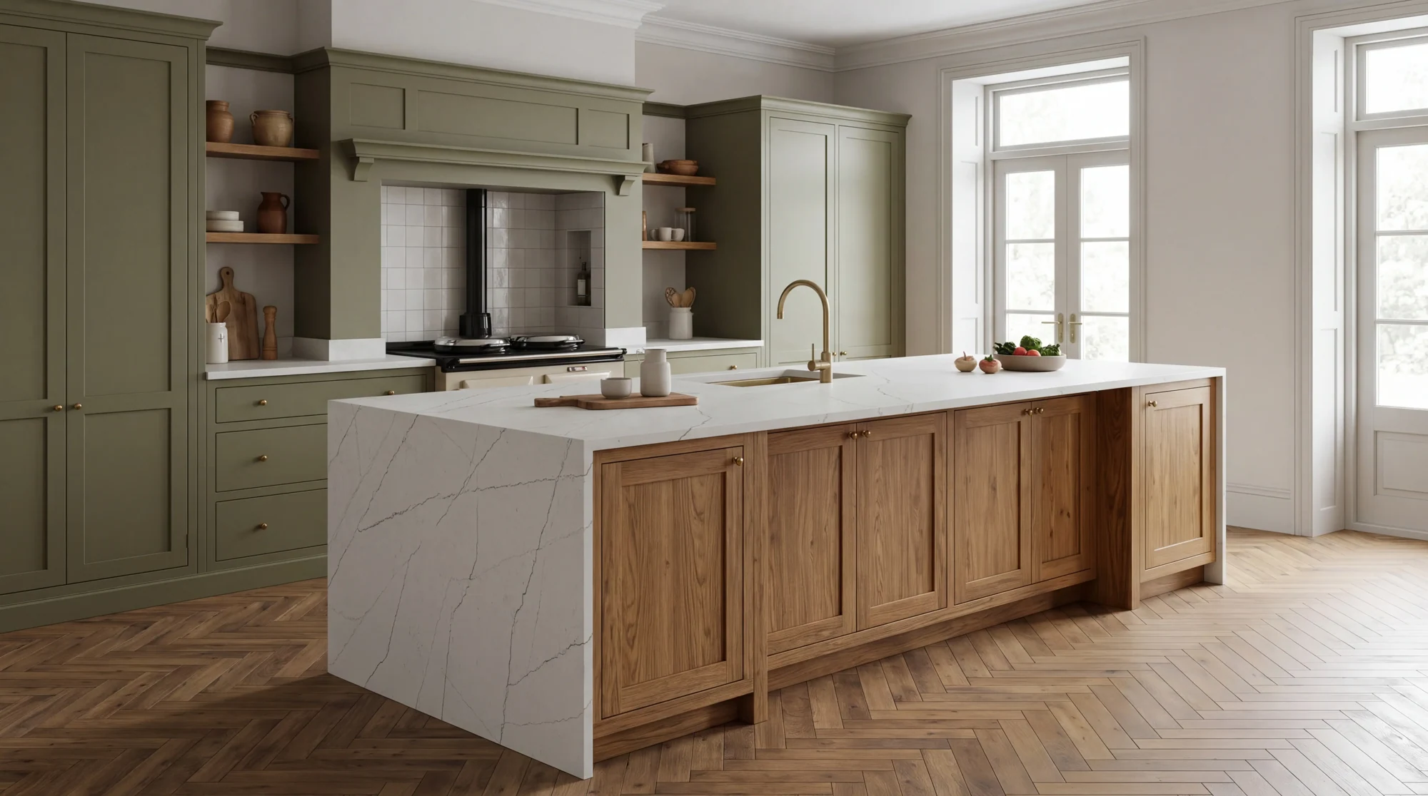 Thunder Grey Leather kitchen island, AI-generated design concept