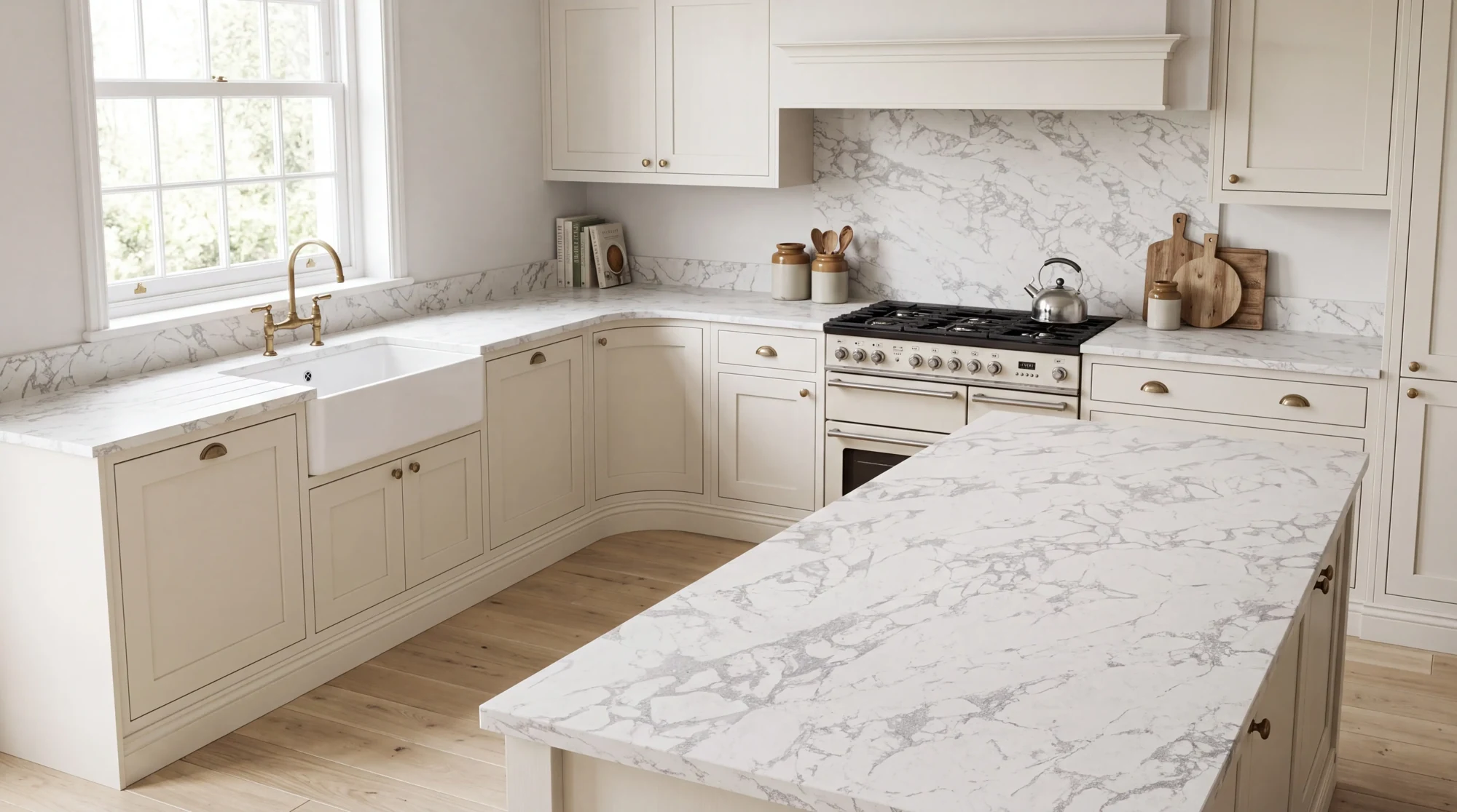 Bianco Eclipse u-shaped kitchen, AI-generated design concept