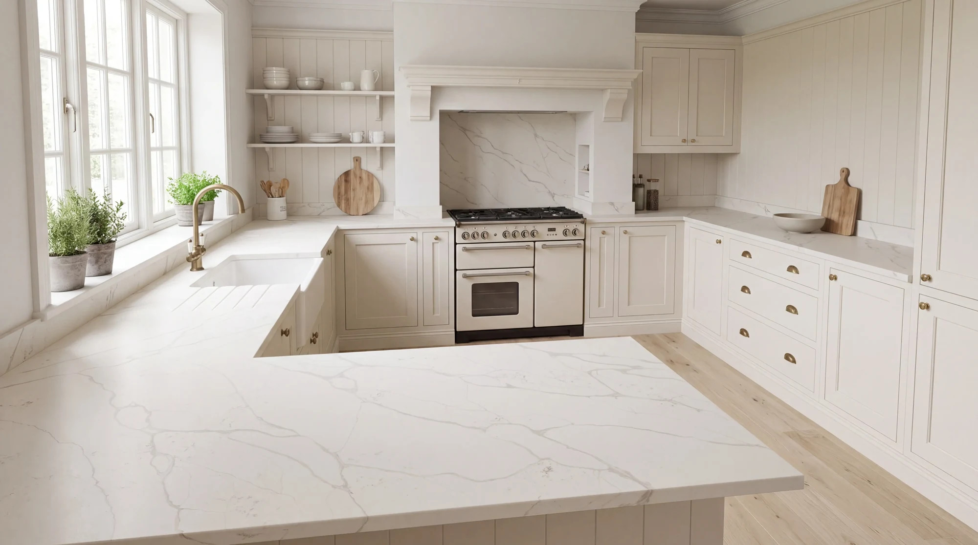 Calacatta Supreme Leather u-shaped kitchen, AI-generated design concept
