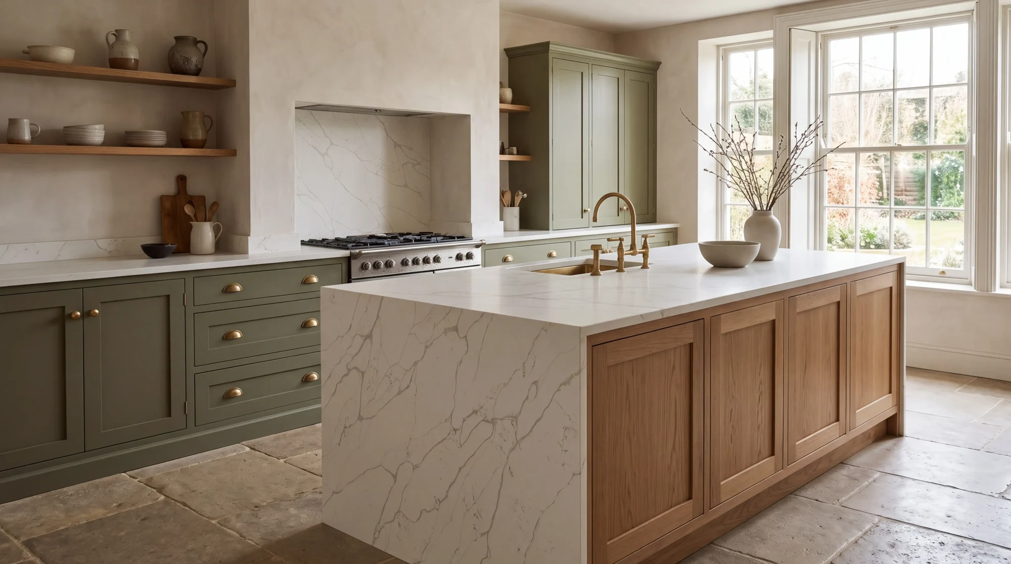 Calacatta Supreme Leather kitchen island, AI-generated design concept