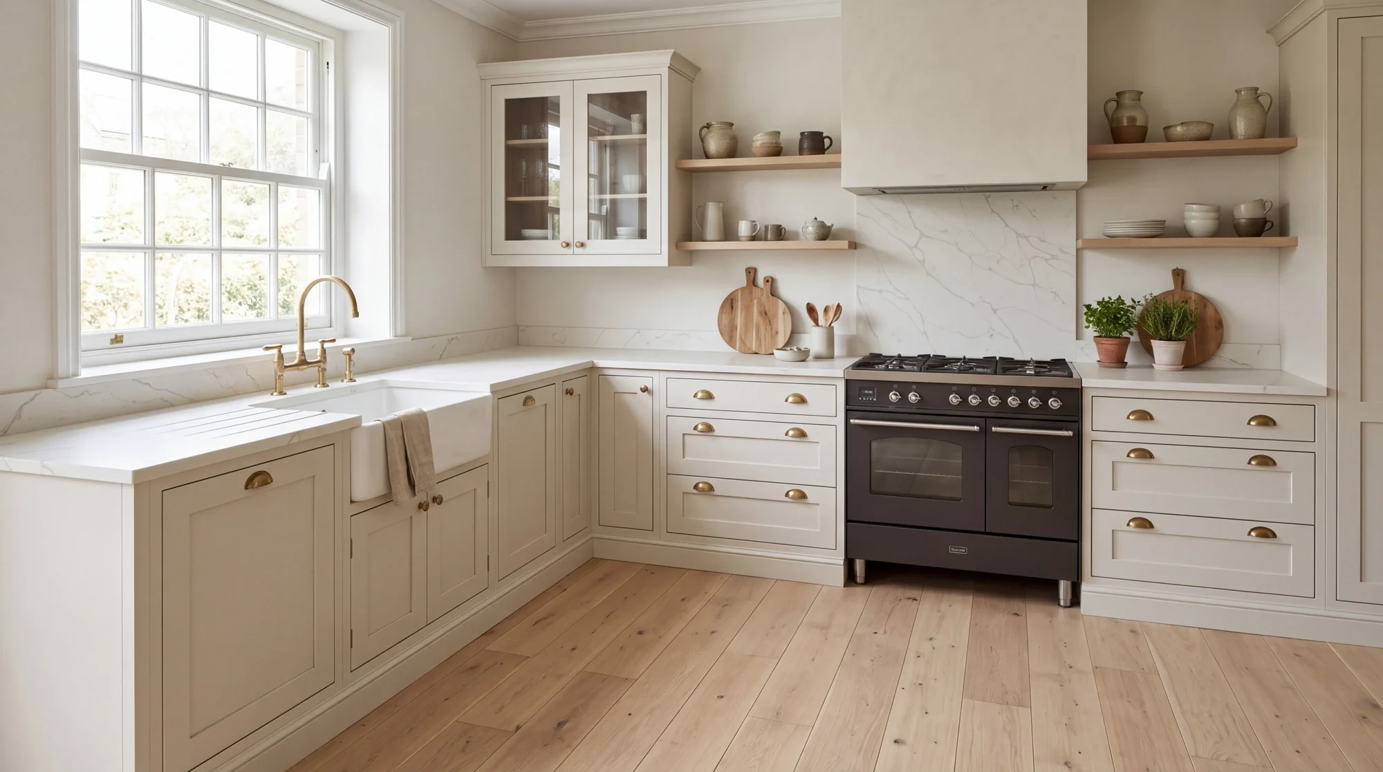 Calacatta Supreme Leather l-shaped kitchen, AI-generated design concept
