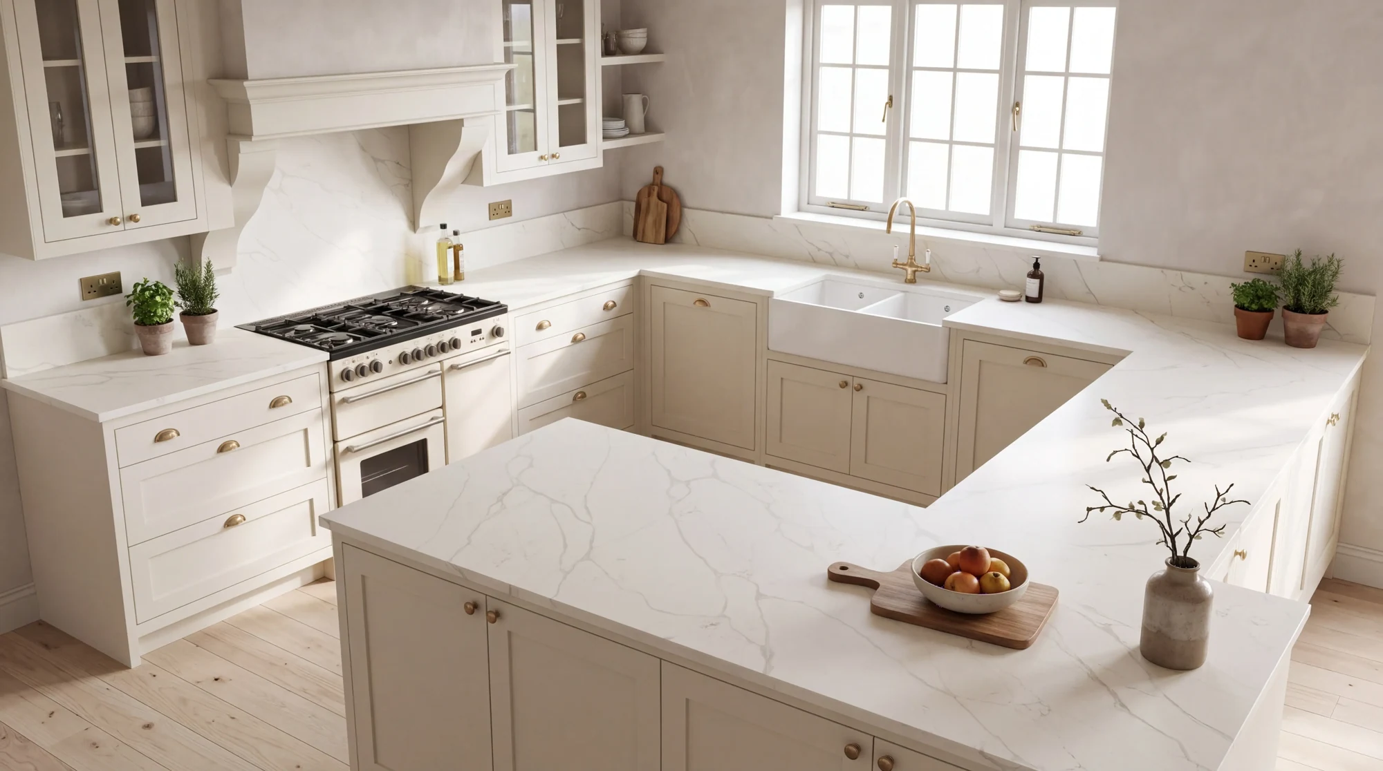 Calacatta Supreme u-shaped kitchen, AI-generated design concept
