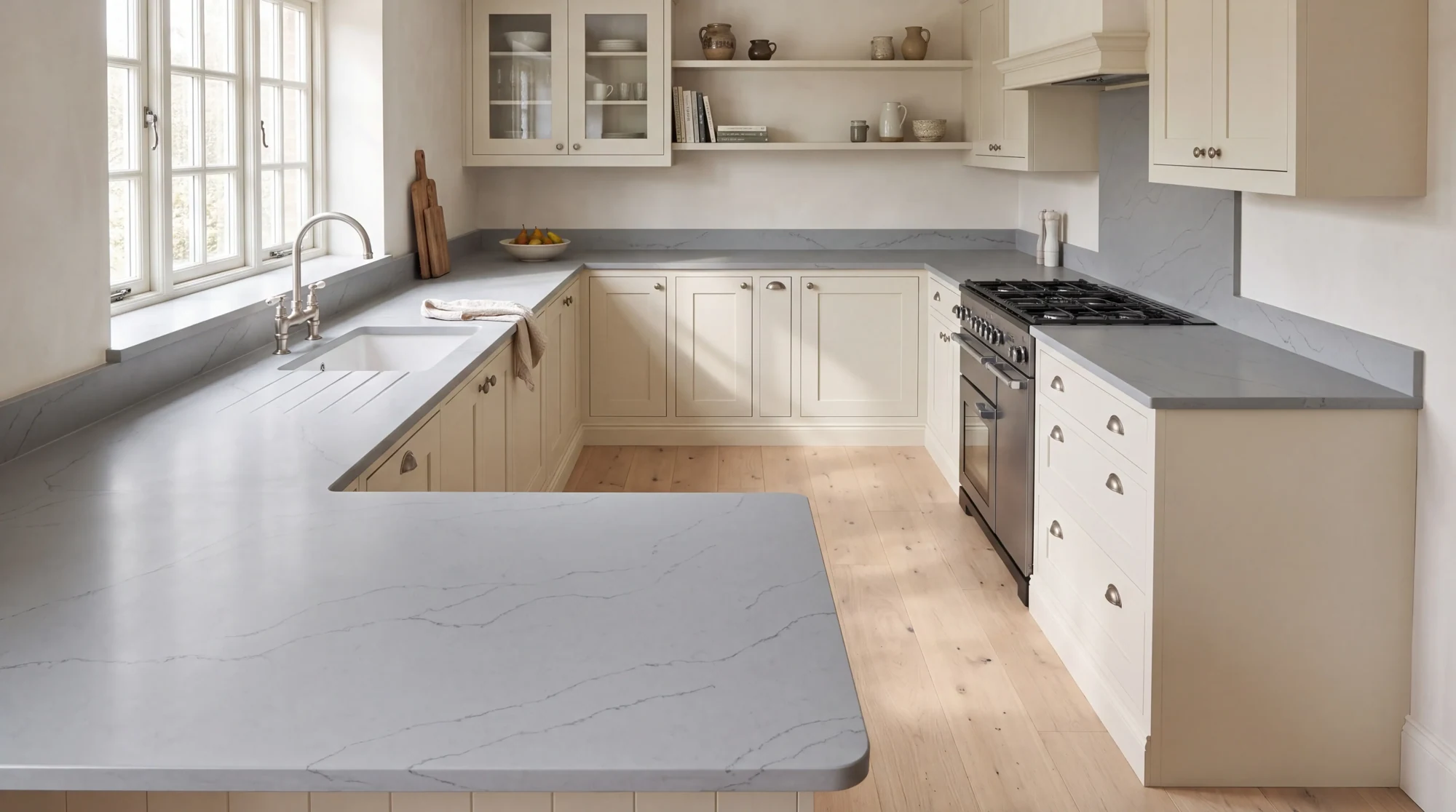 Sonata Grey u-shaped kitchen, AI-generated design concept
