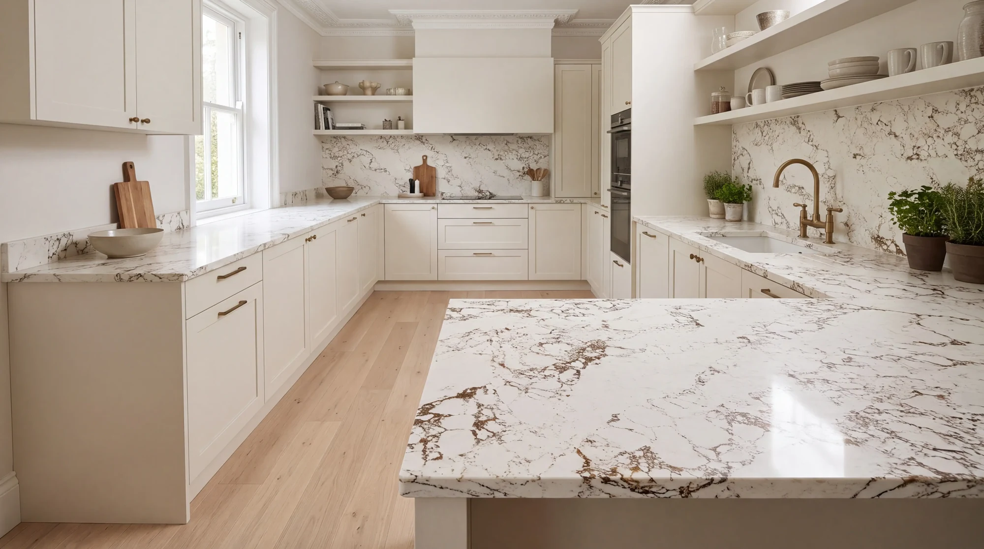 Calacatta Viola u-shaped kitchen, AI-generated design concept