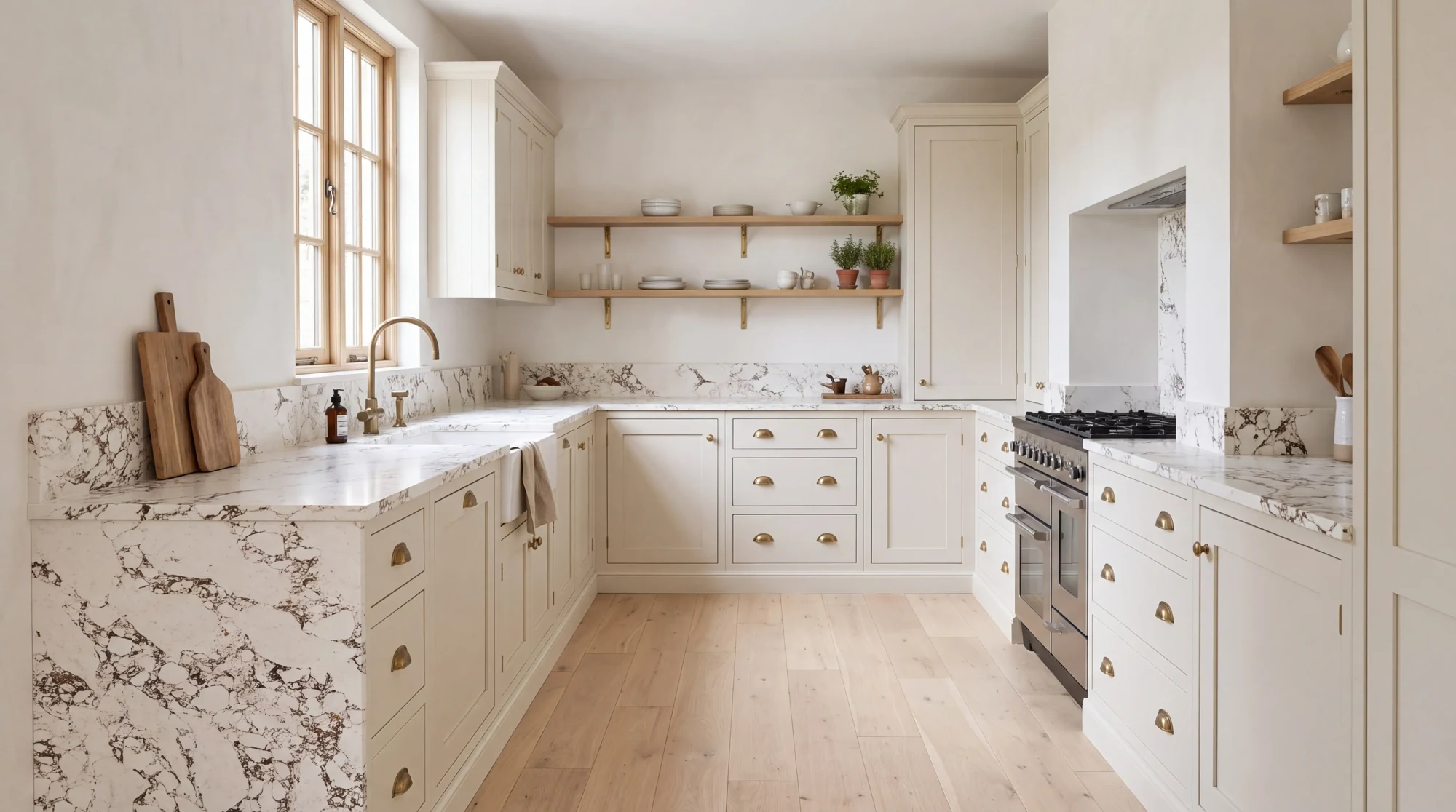 Calacatta Viola l-shaped kitchen, AI-generated design concept