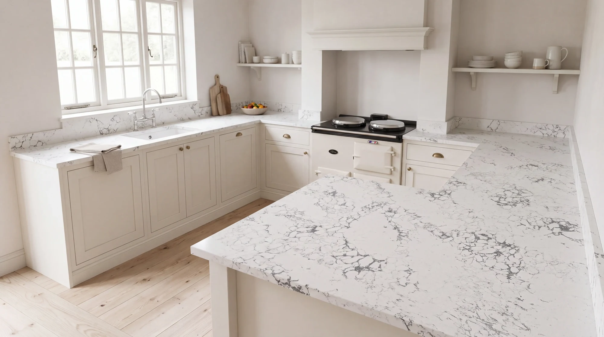 Arabescato u-shaped kitchen, AI-generated design concept