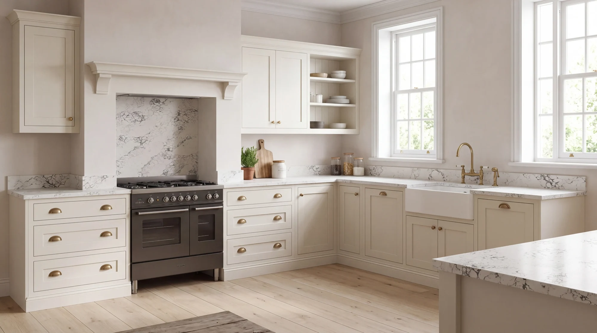 Arabescato l-shaped kitchen, AI-generated design concept