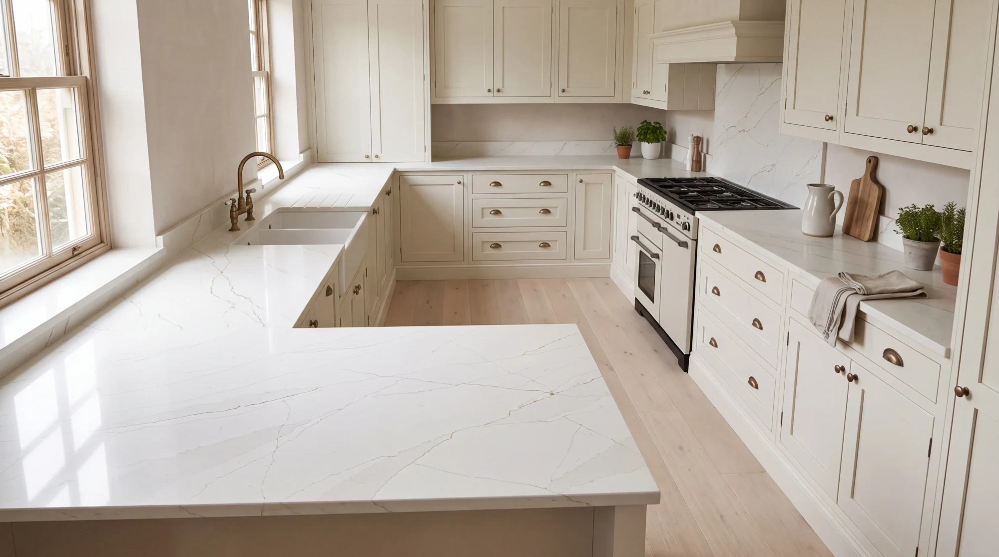 Calacatta Royal u-shaped kitchen, AI-generated design concept