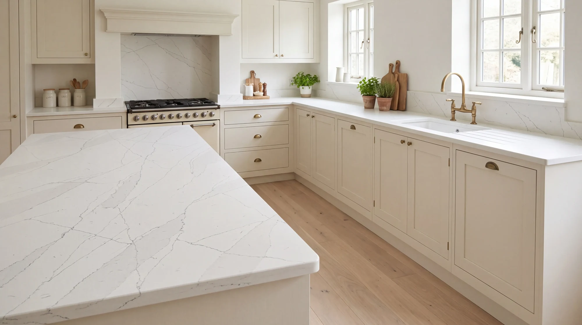 Statuario Royal u-shaped kitchen, AI-generated design concept